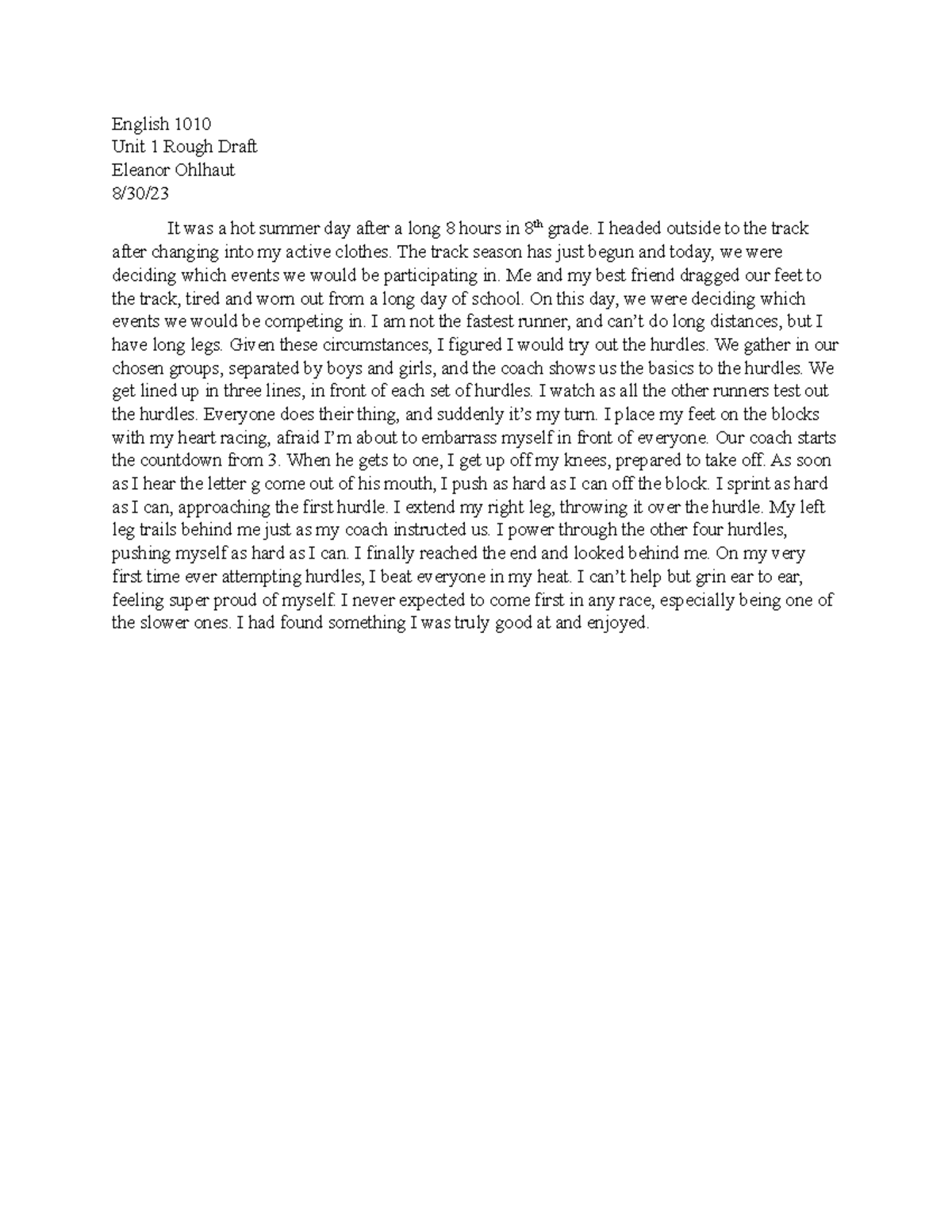 Englishhhhh story - N/A - English 1010 Unit 1 Rough Draft Eleanor ...