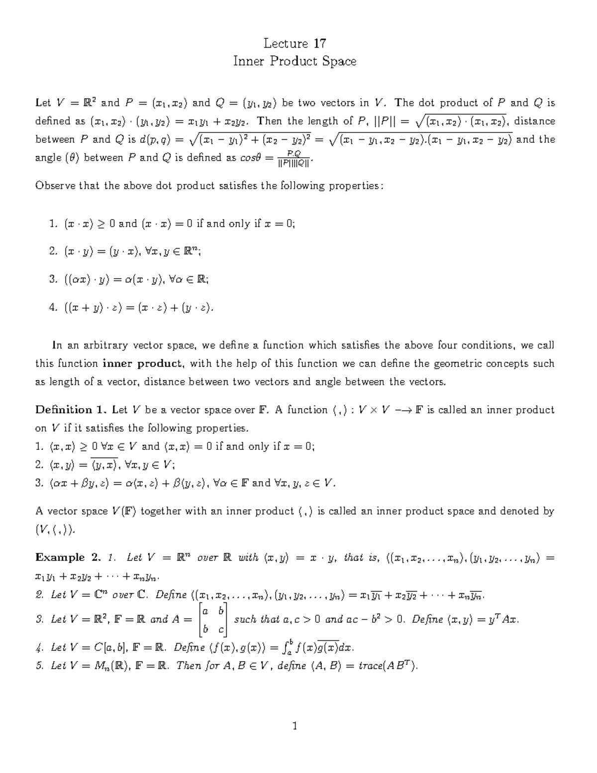 Linear Product Spaces - Lecture 17 Inner Product Space Let V = R 2 And ...