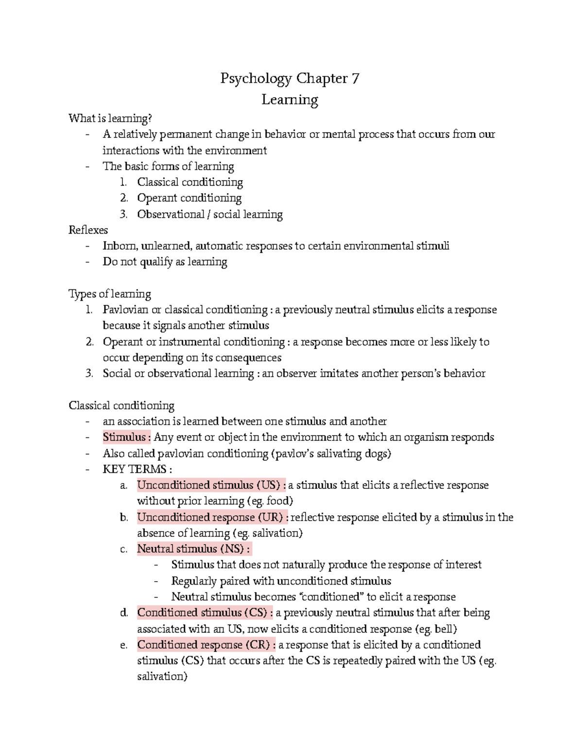 Psychology - Chapter 7 - Learning And The Types Of Conditioning - Psychology Chapter 7 Learning ...