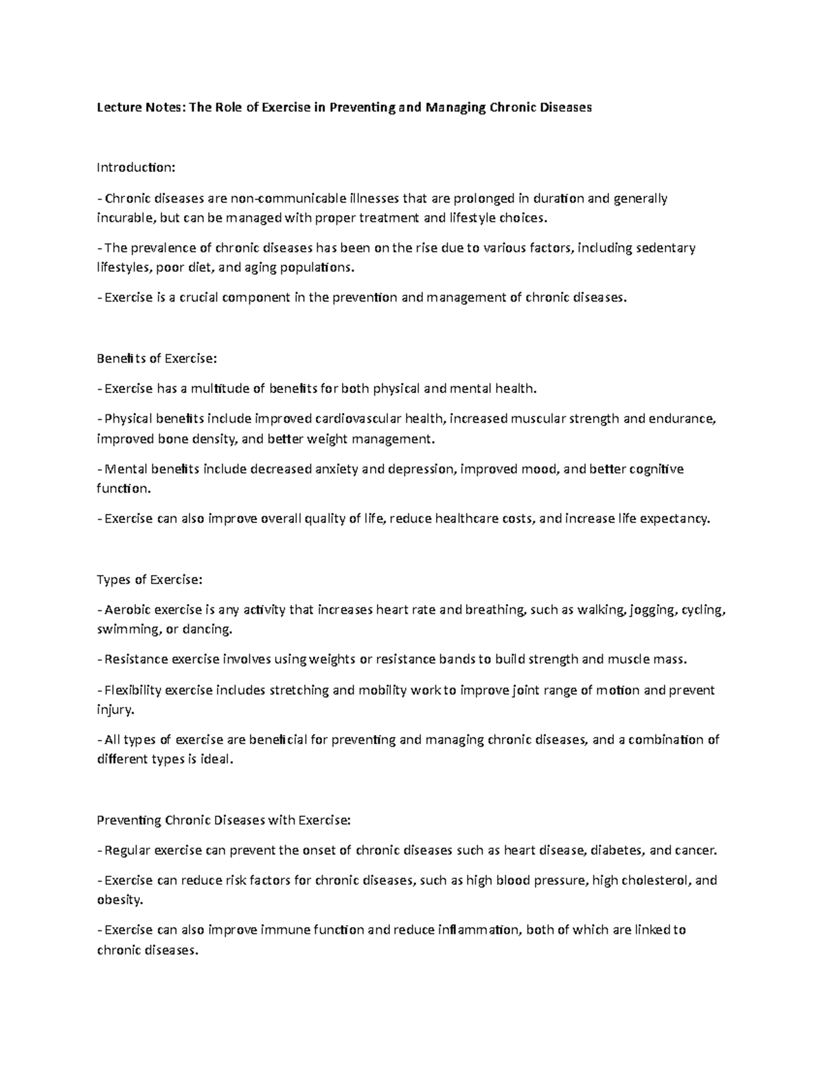 Lecture Notes: The Role of Exercise in Preventing and Managing Chronic ...