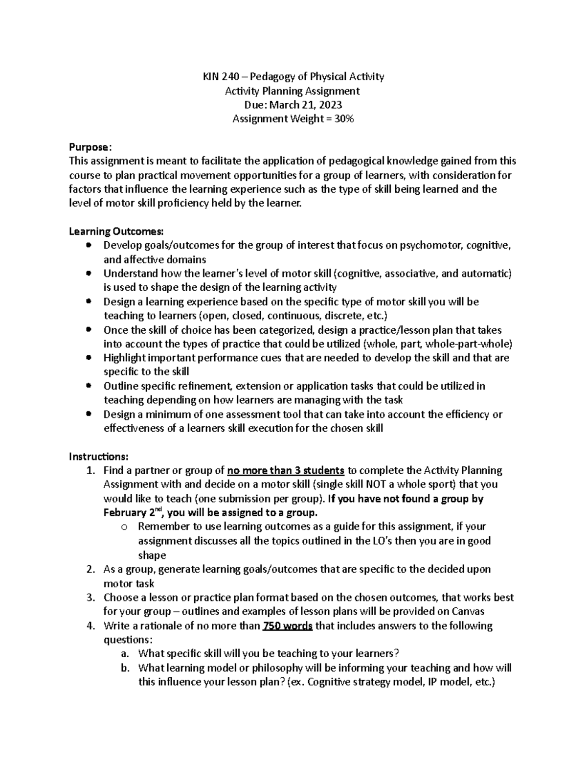 240 - Activity Planning Assignment Outline - KIN 240 – Pedagogy of ...