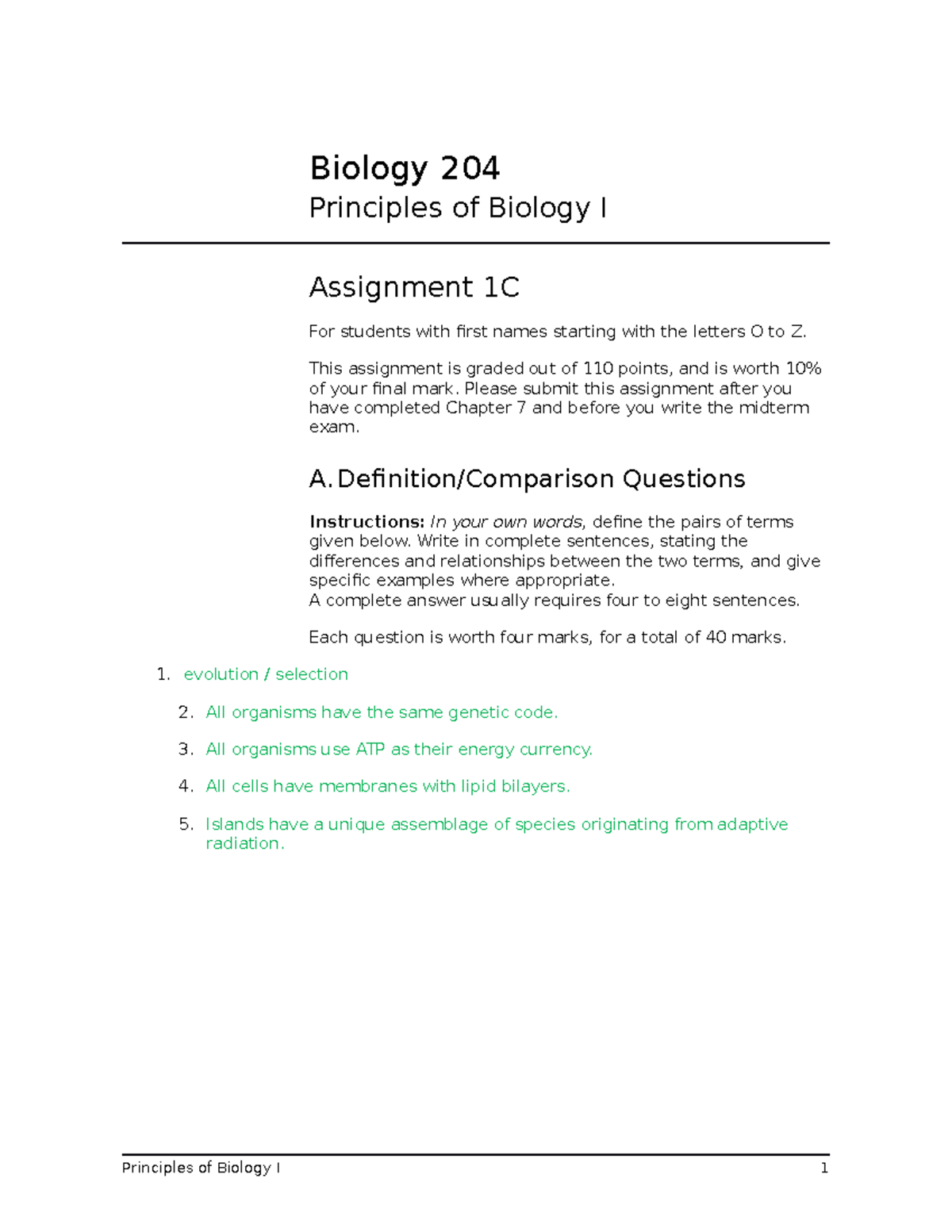 Assign 1c - These Questions Are Also Part Of The Final Exam - Biology ...