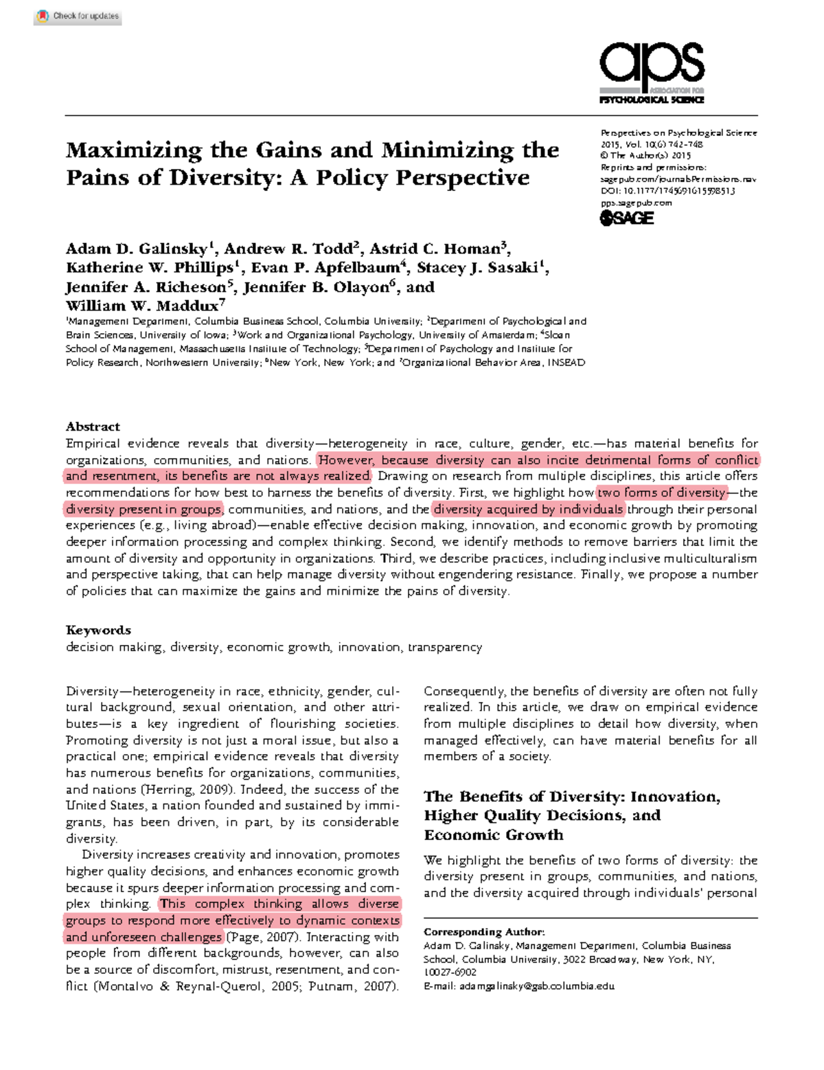 Maximizing Gains and Minimizing Pains of Diversity Perspectives on