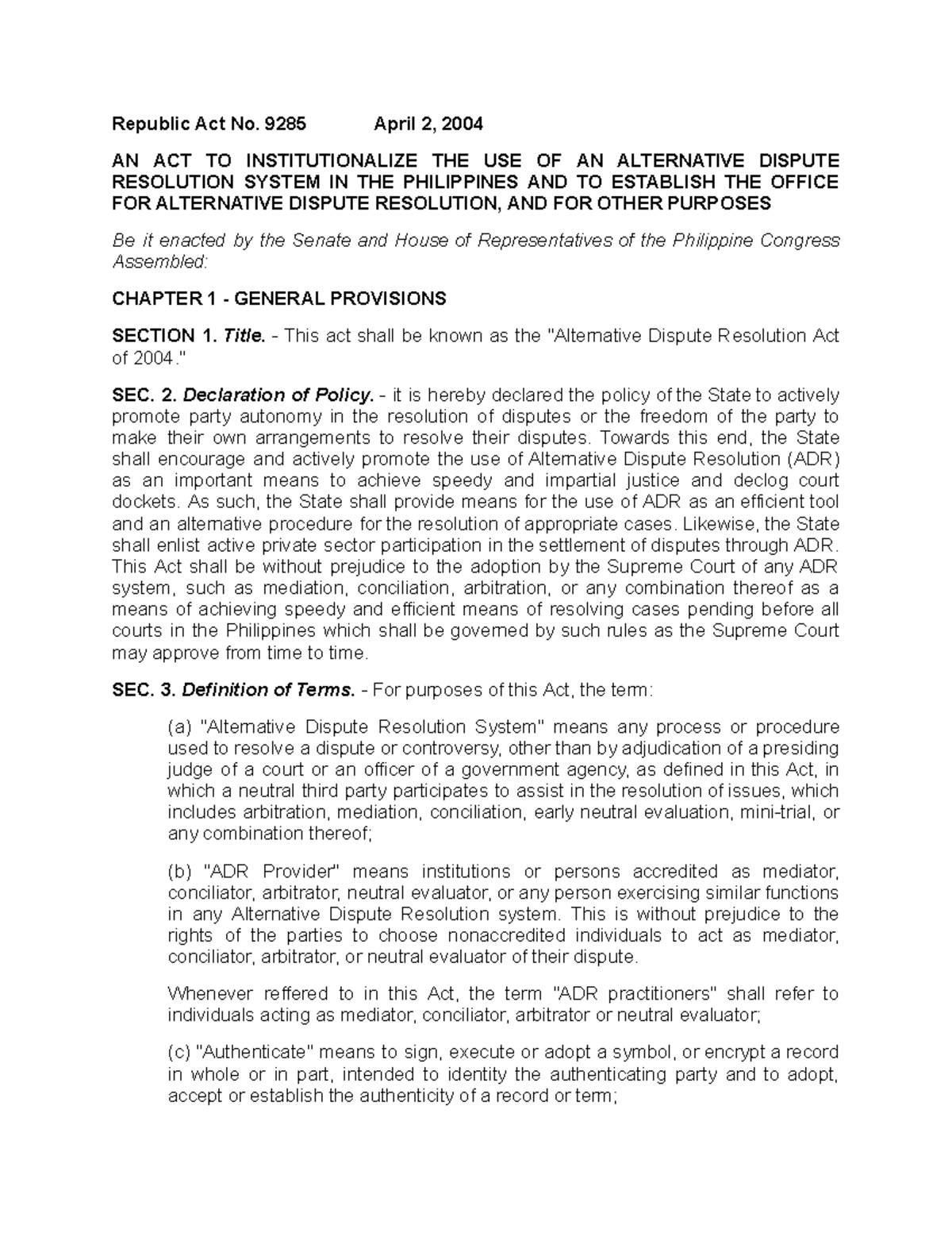 RA 9285 - Alternative Dispute Resolution - Republic Act No. 9285 April ...