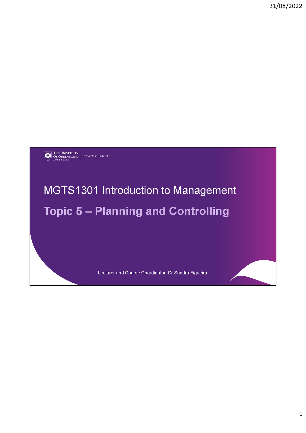 BB Week 6 Lecture Slides - MGTS1301 Introduction To Management Topic 5 ...