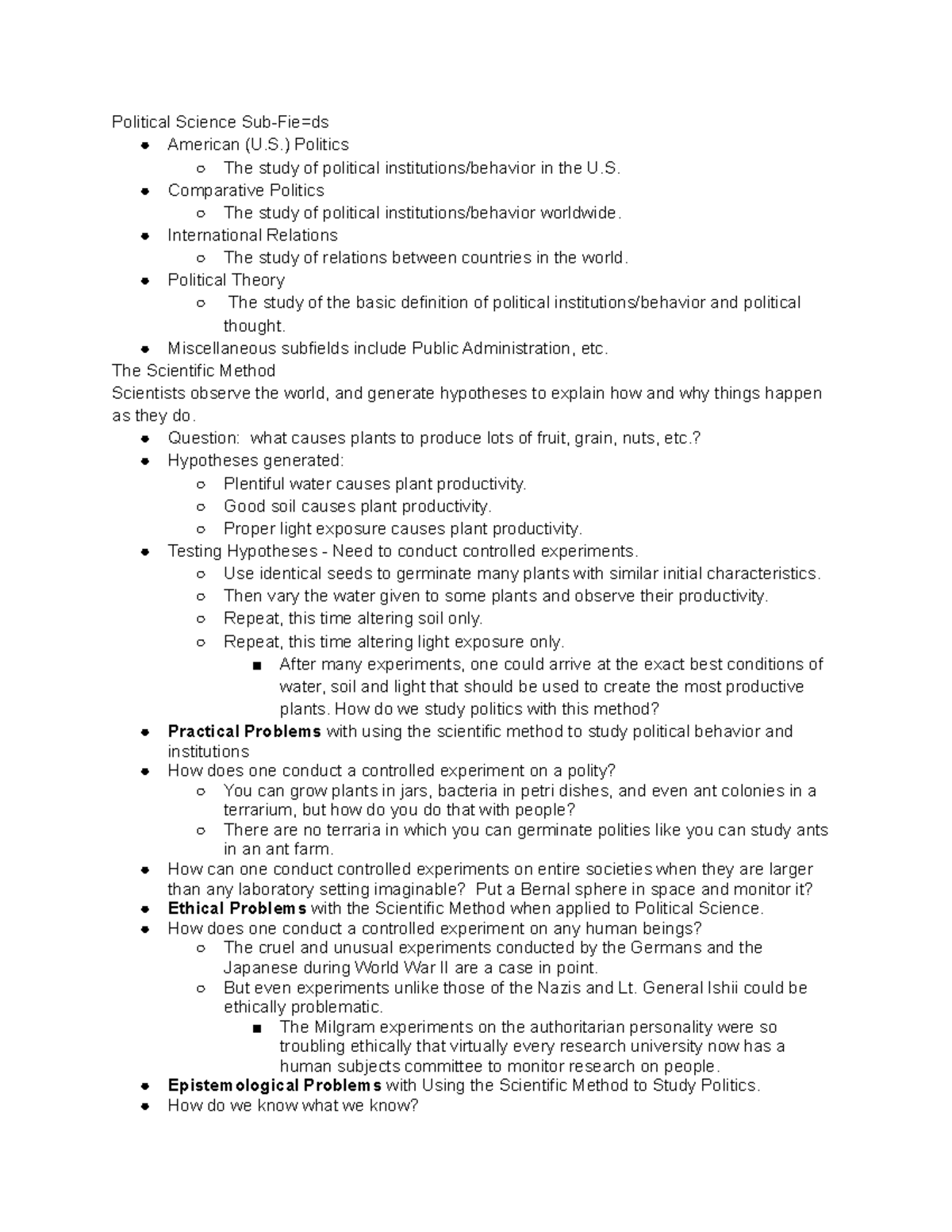 POL S 101 Week 1 Notes - Political Science Sub-Fie=ds American (U ...