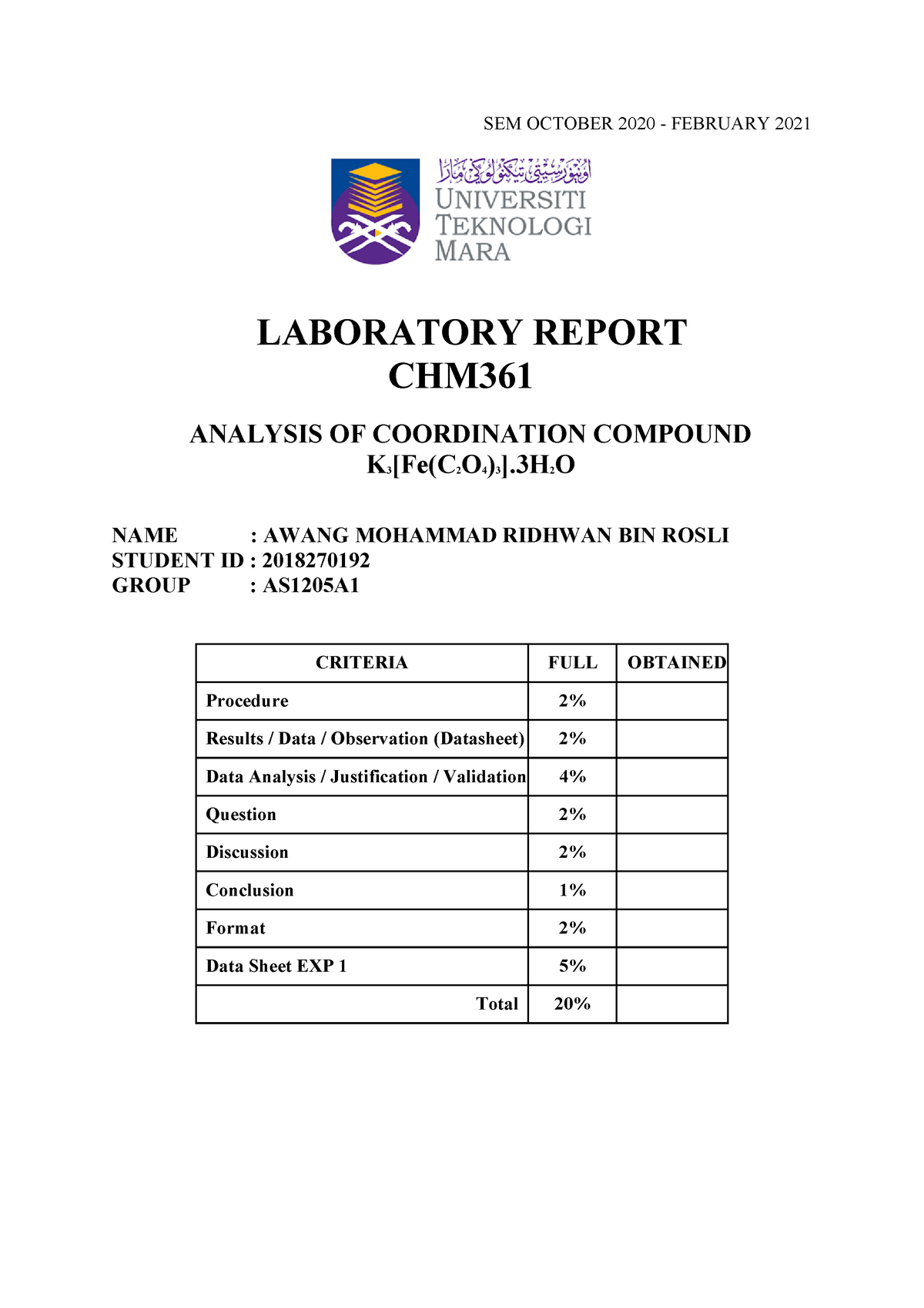 lab report chm361 experiment 2