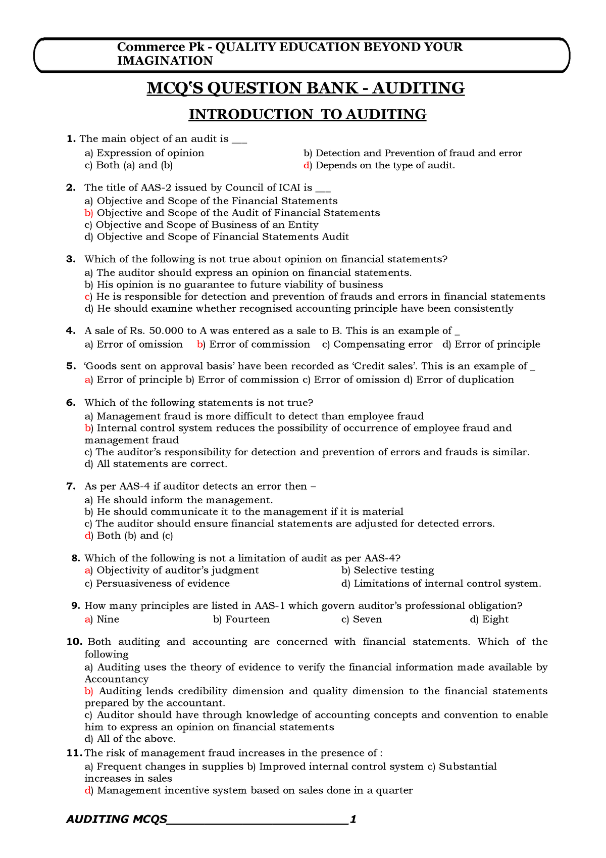 Auditing MCQs Pdf - Mcq Questions - Commerce Pk - QUALITY EDUCATION ...