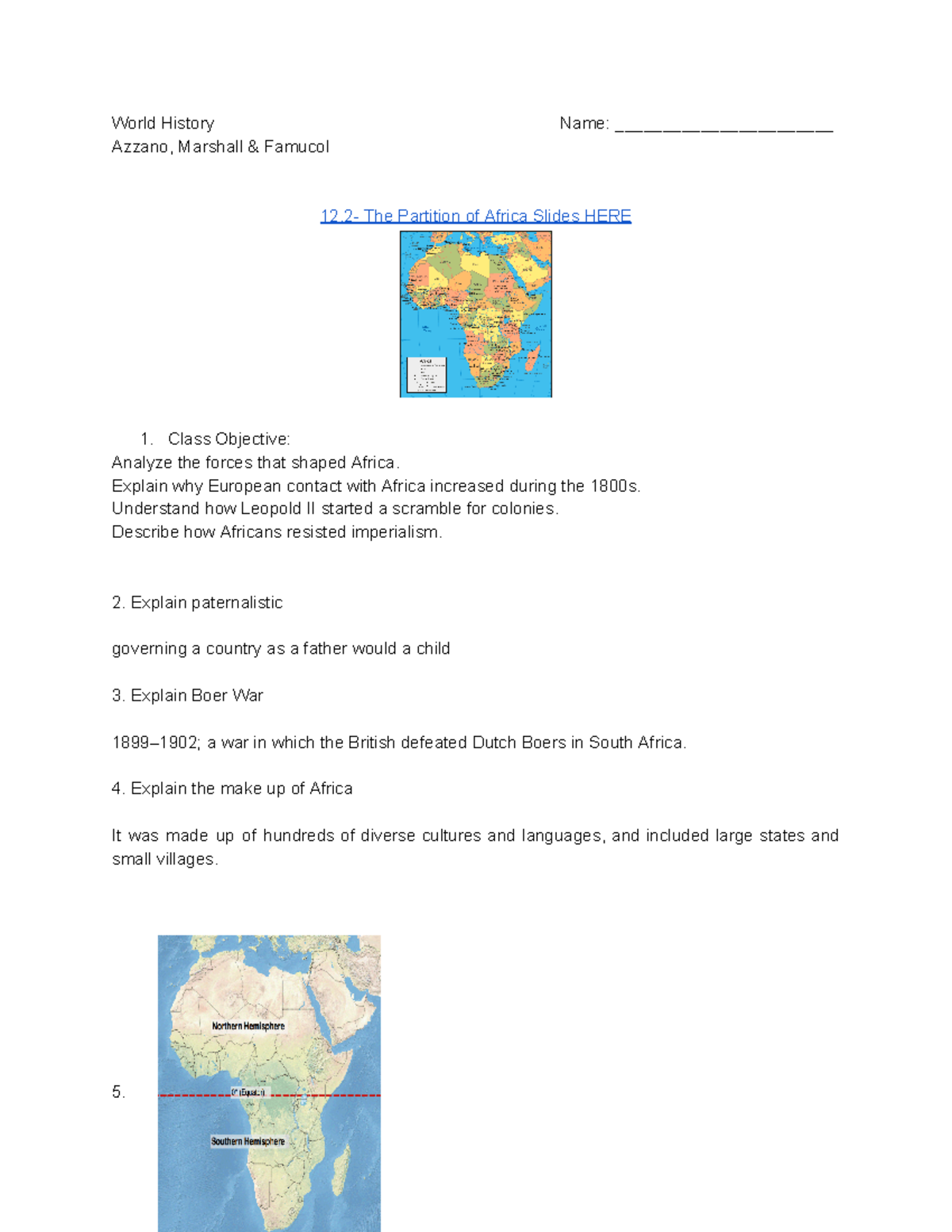 - The Partition of Africa Note Sheet - World History Name ...