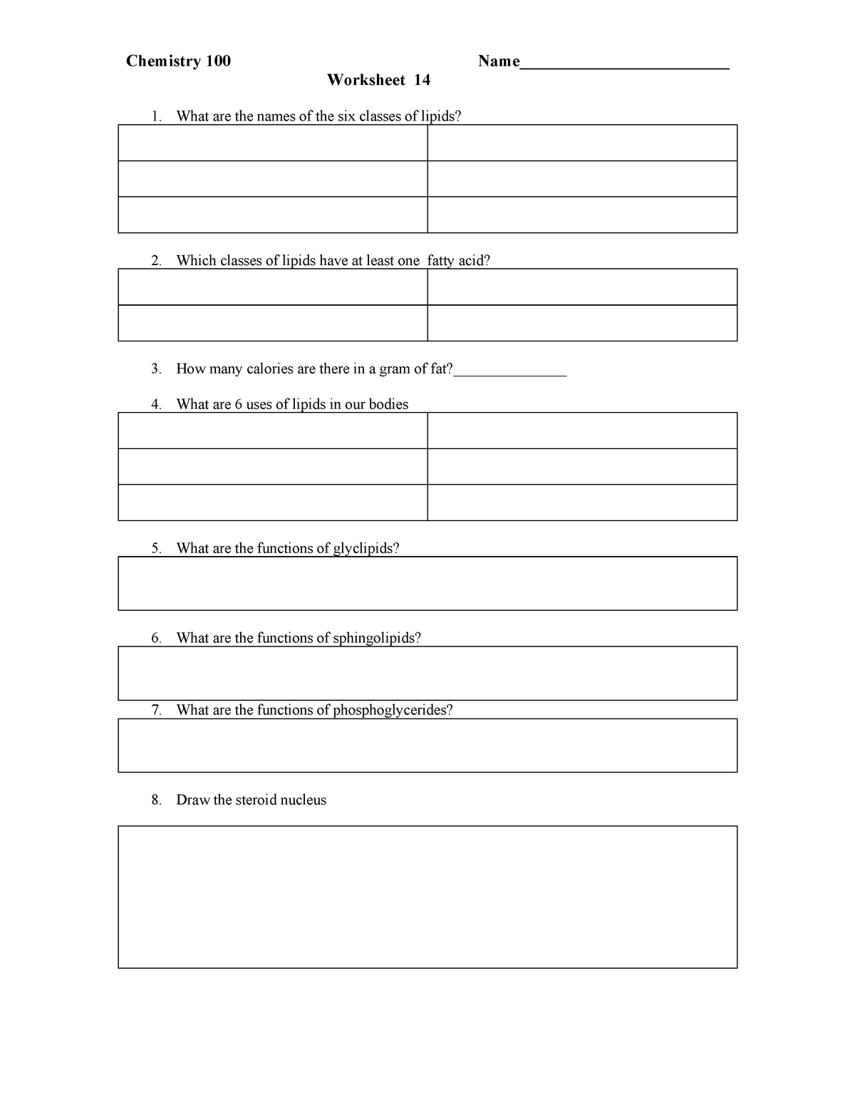 Lipid- Worksheet-2 - Chemistry 100 Name 