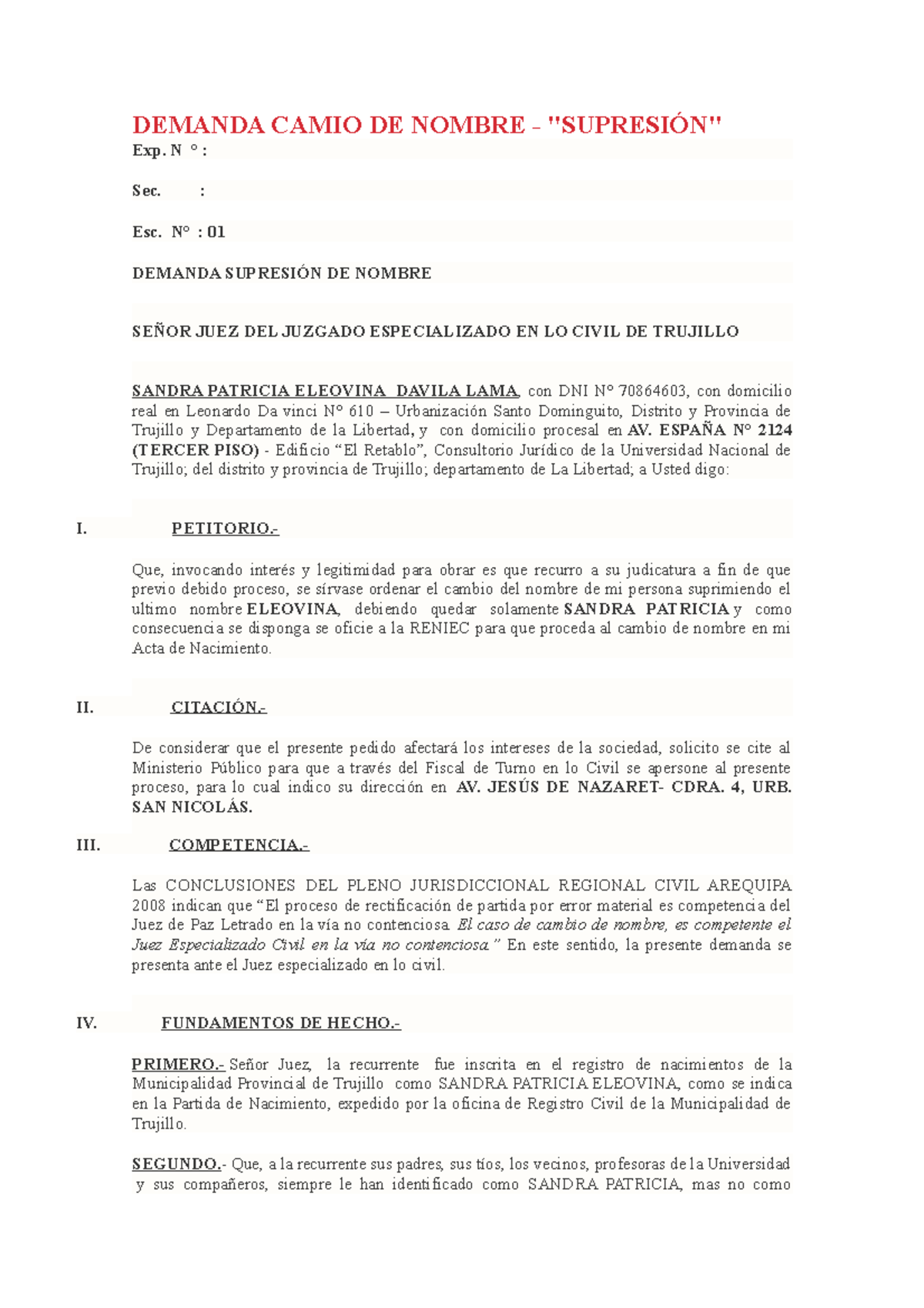 Demanda Cambio de nombre - DEMANDA CAMIO DE NOMBRE - &quot;SUPRESIÓN&quot; Exp. N ...