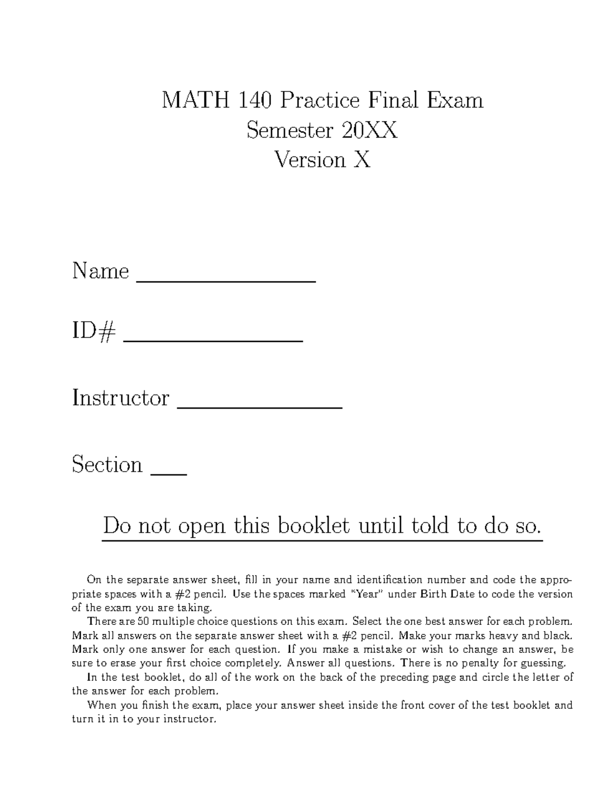 Math 140 Practice Exam 3 - MATH 140 Practice Final Exam Semester 20XX ...