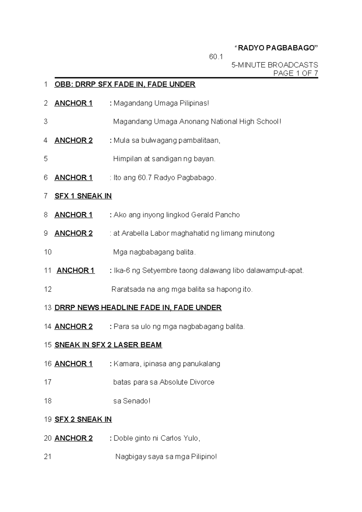 Radyo- Pagbabago - radio example - “RADYO PAGBABAGO” 60. 5-MINUTE ...