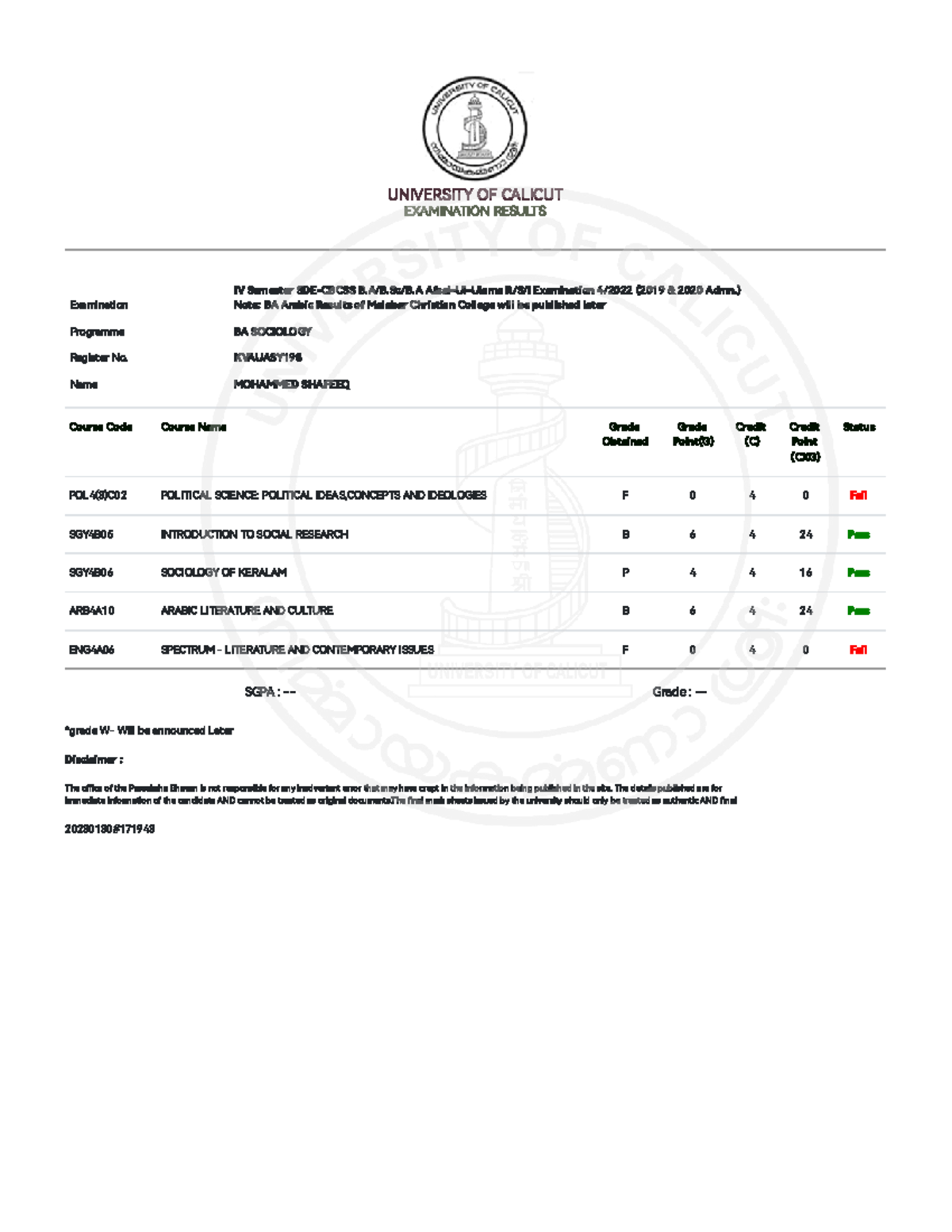 Bowser Document - UNIVERSITY OF CALICUT EXAMINATION RESULTS Examination ...