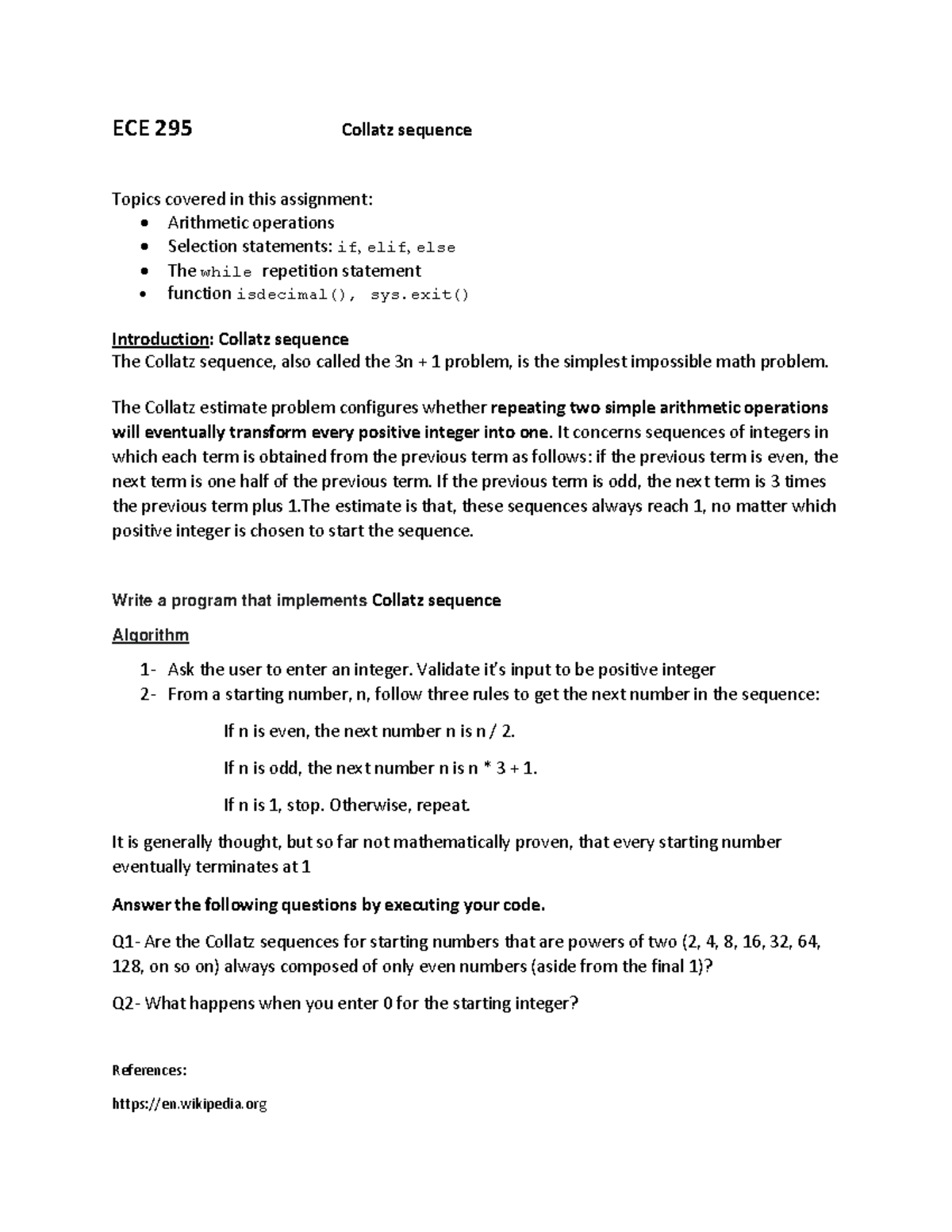 Assignment 5-in-lab - ECE 295 Collatz sequence Topics covered in this ...