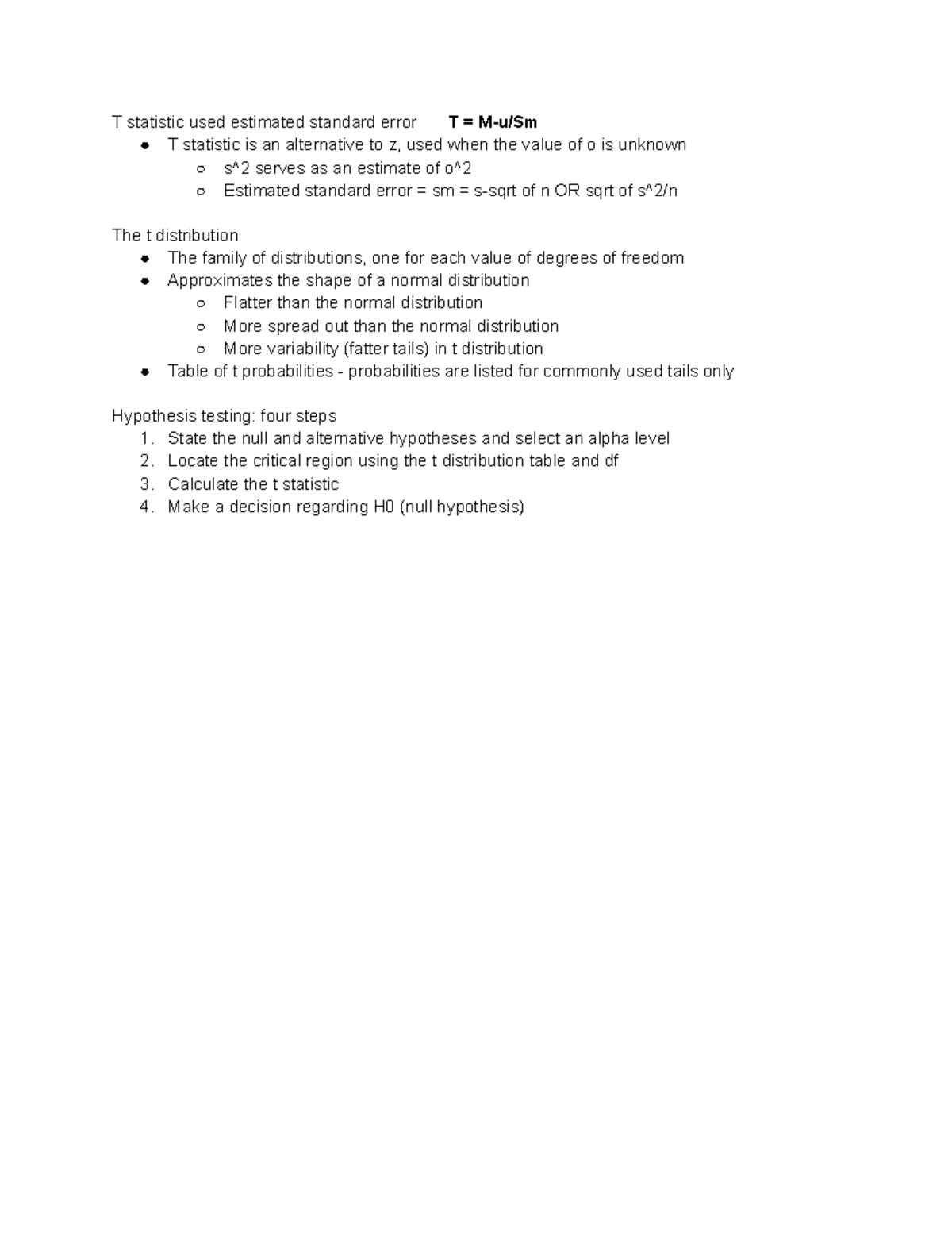 Stats 295 Chapter 9 T Statistic Hypothesis Testing - T statistic used ...