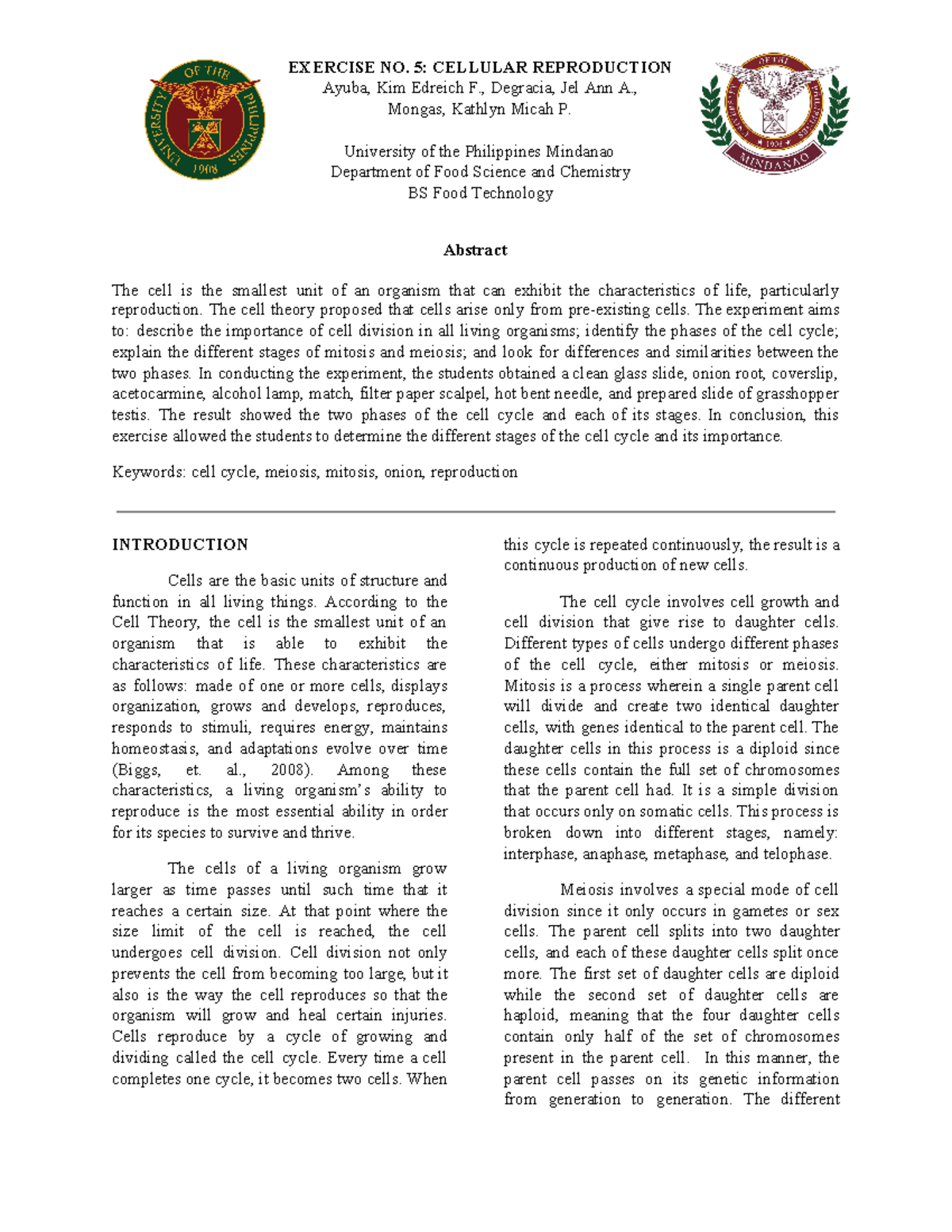 BIO 10 Scientific Paper on Cell Reproduction - EXERCISE NO. 5: CELLULAR ...