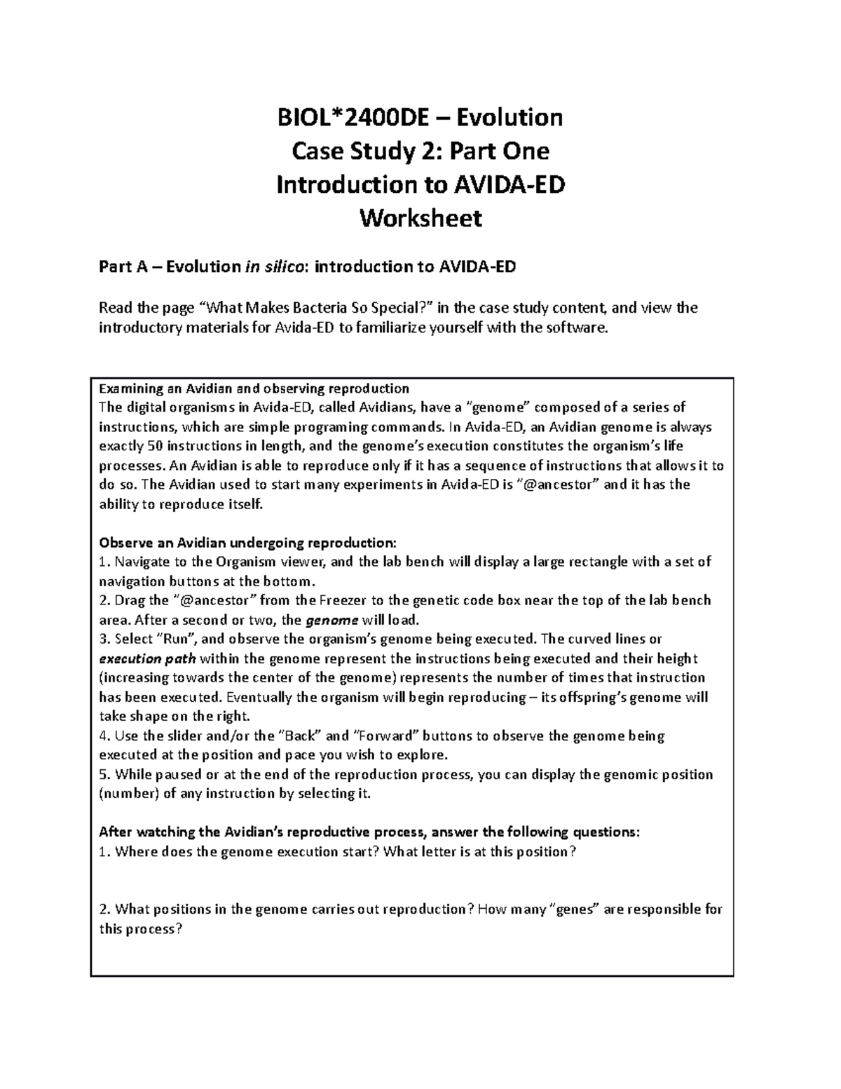 Case Study 2 Part One worksheet BIOL*2400DE Evolution Case Study 2