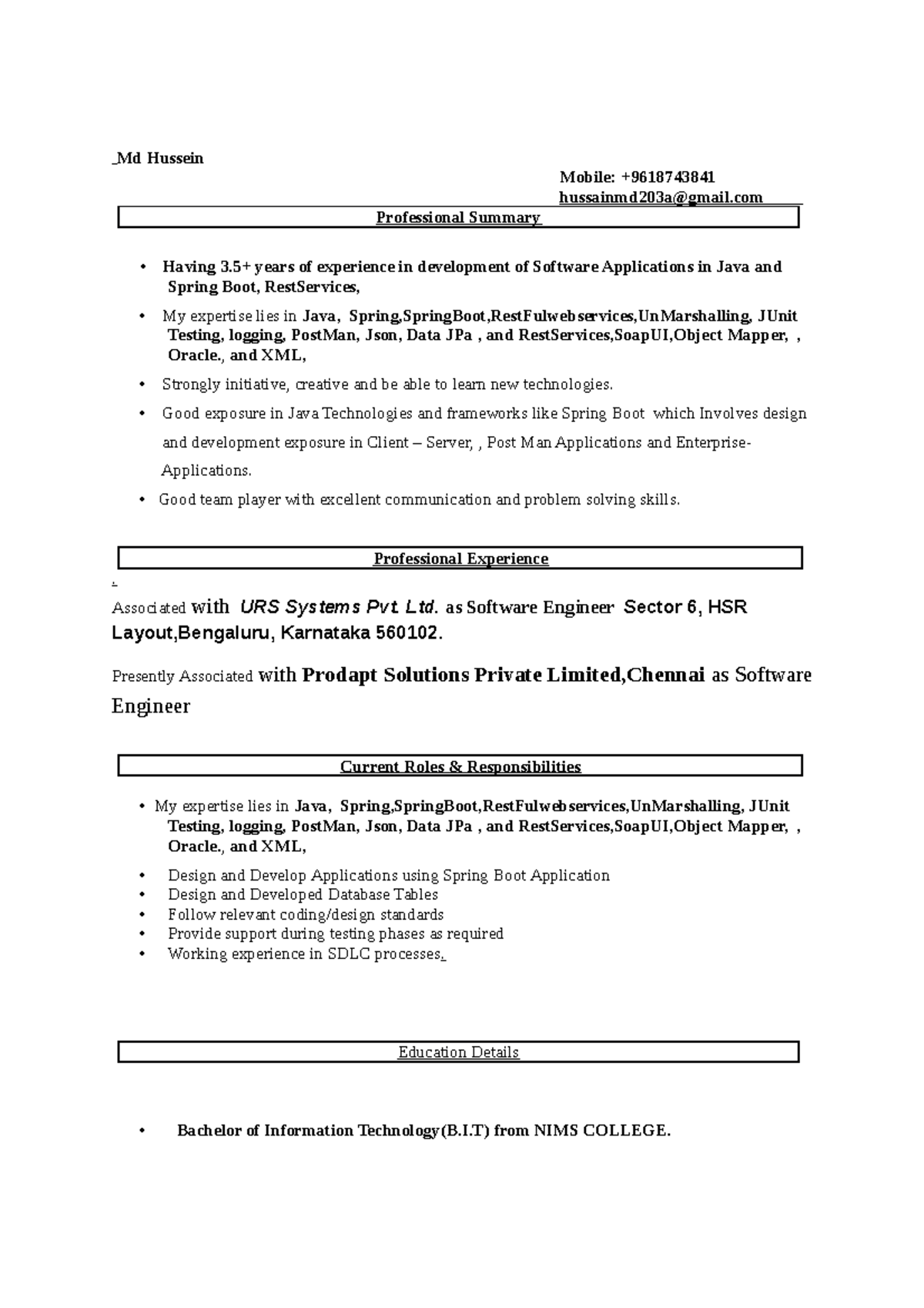 Hussain Resume - just for access - Md Hussein Mobile: + hussainmd203a ...