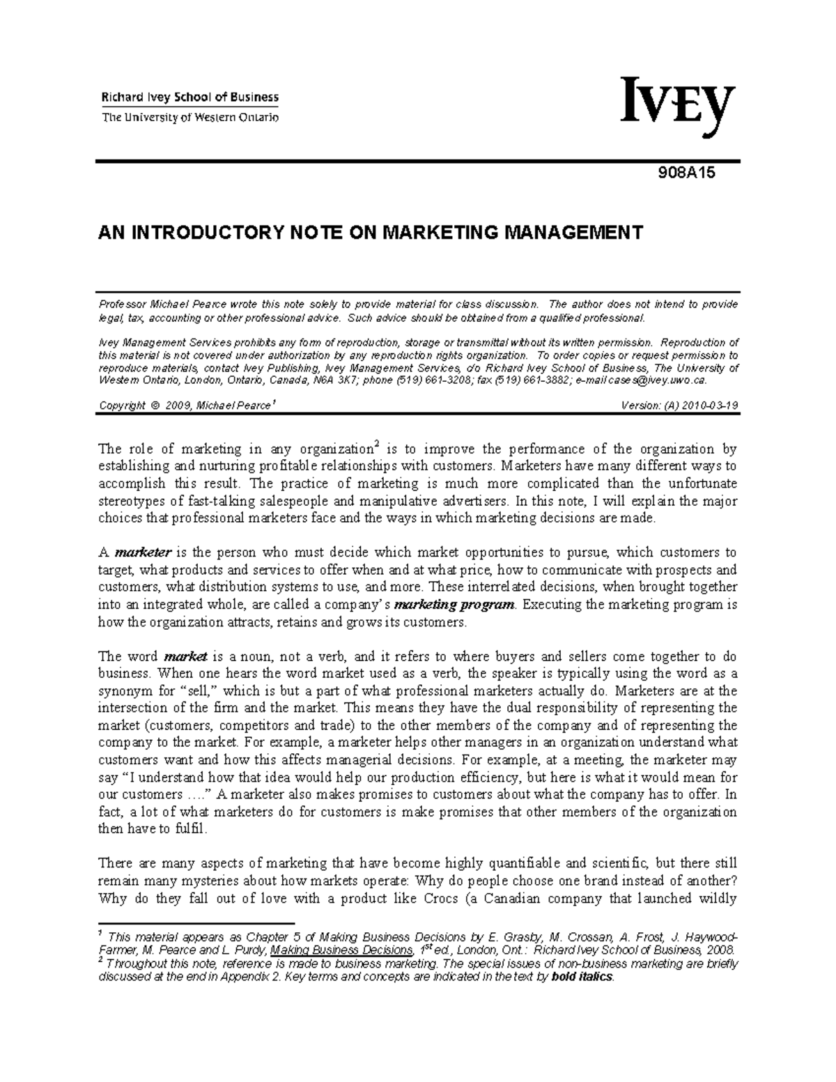 An introductory note on marketing management - Wikispaces - S w 908A AN ...