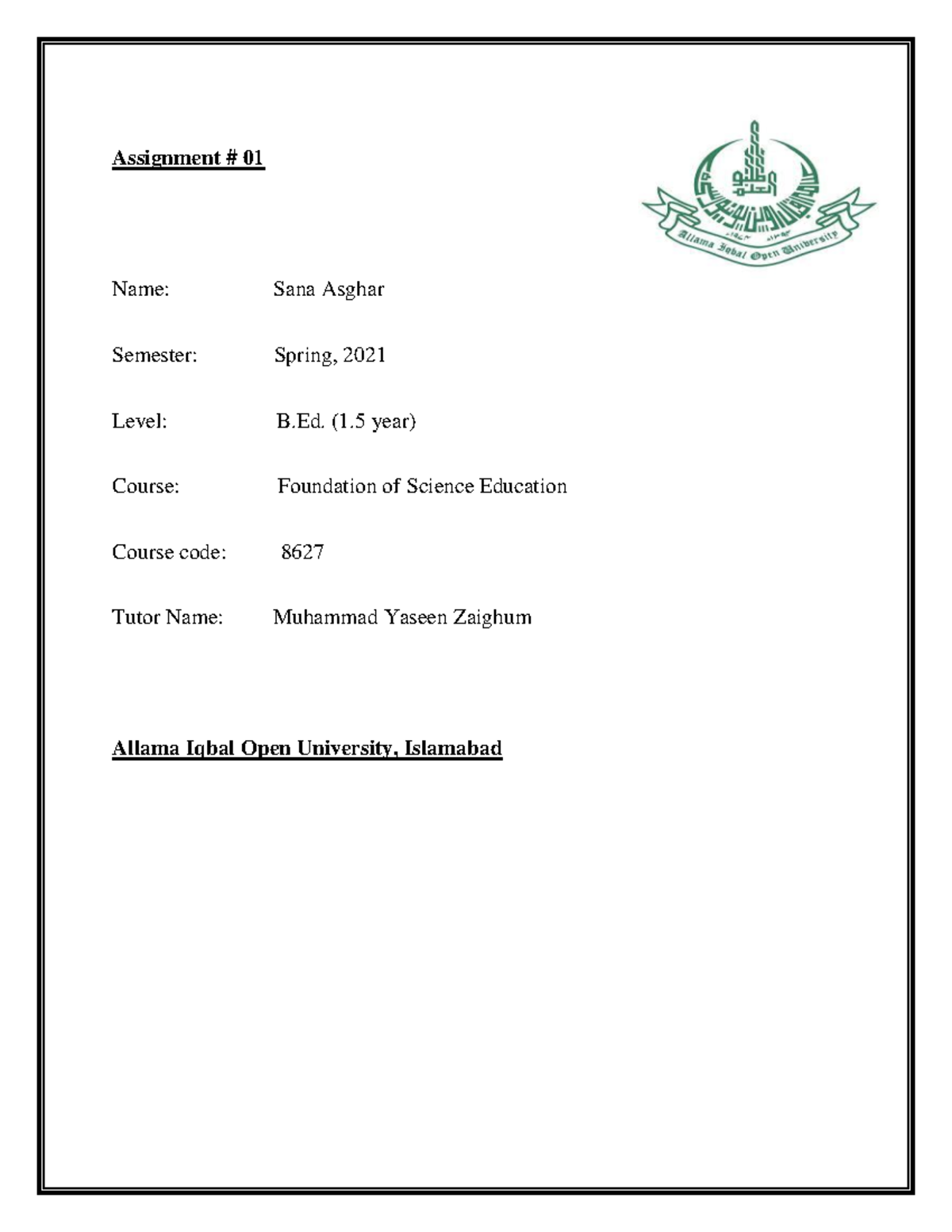 Foundation of Science Education (8627) Educational Assessment UE Studocu