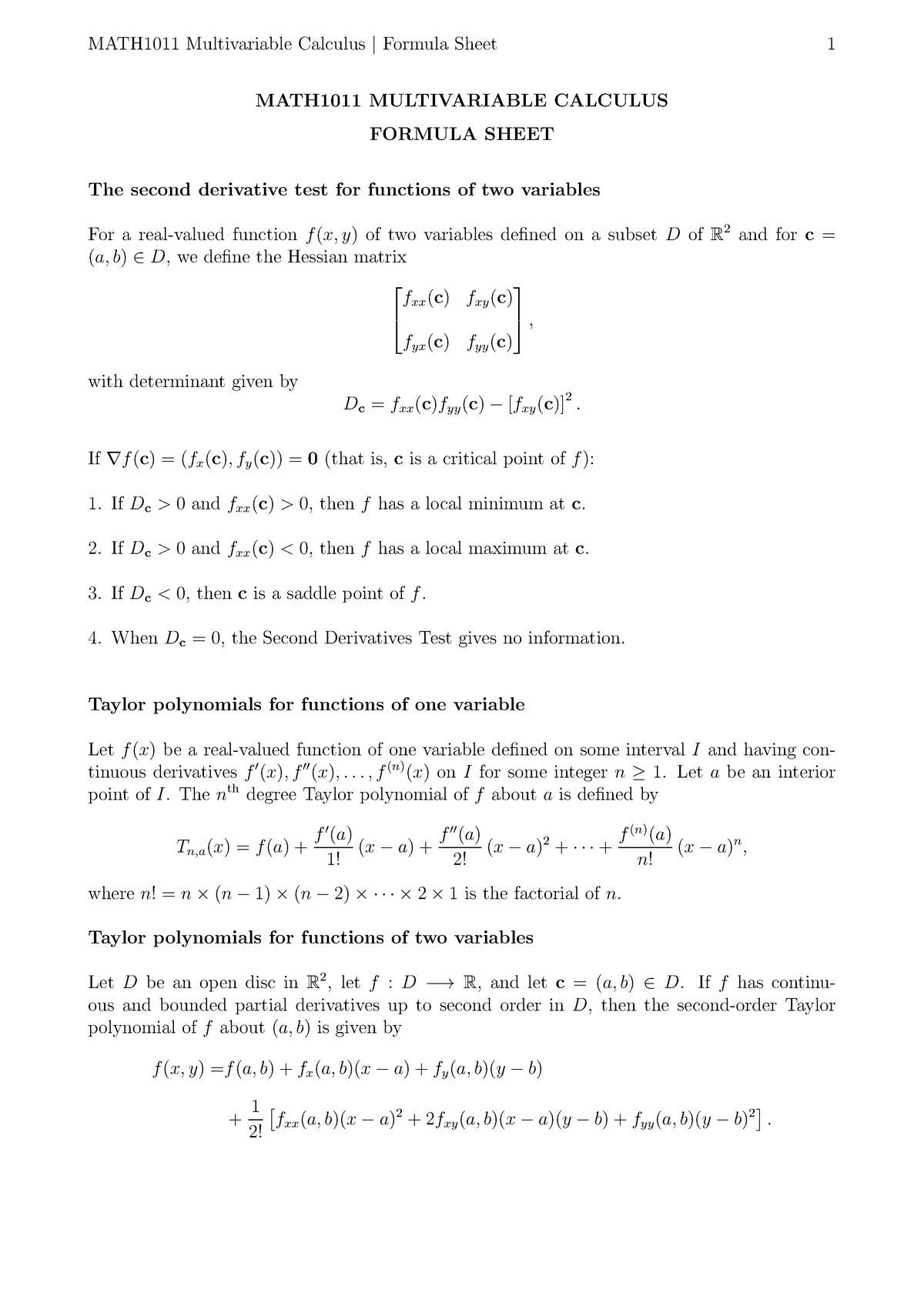 Math1011 Formula Sheet Math1011 Multivariable Calculus Formula Sheet 1376