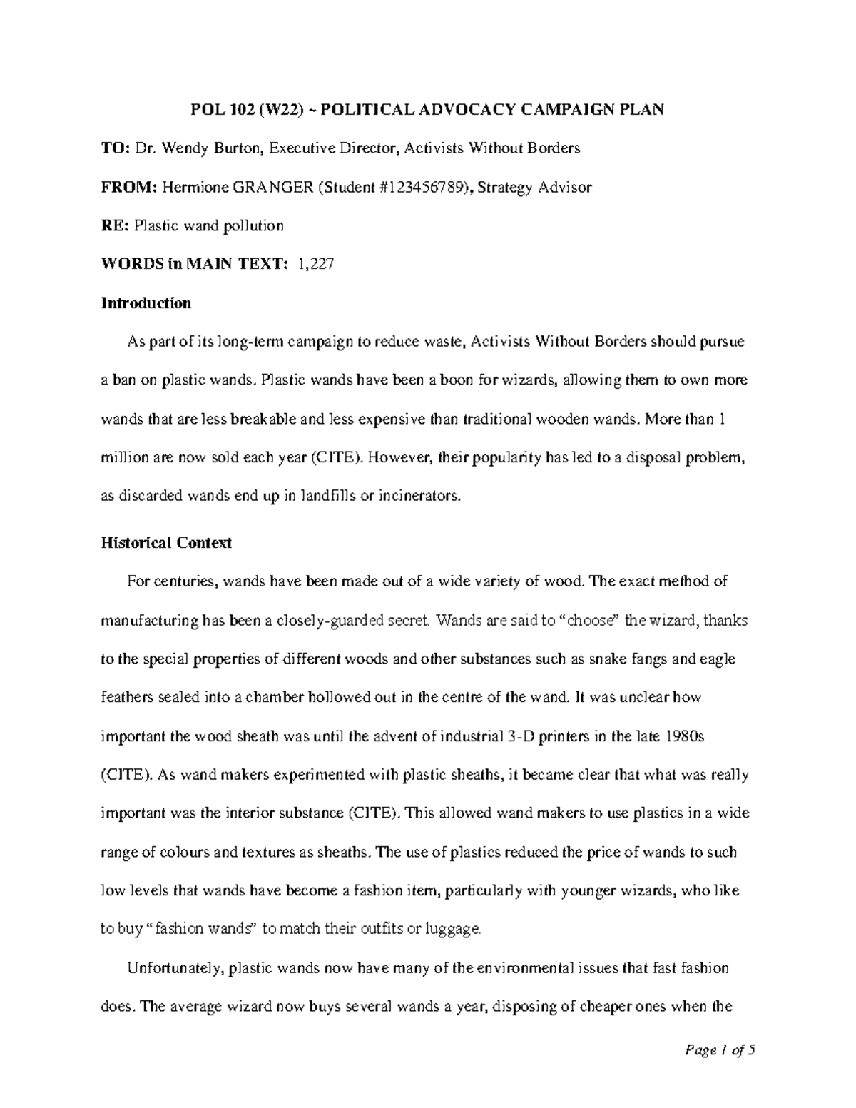 POL 102 W22 Pol Adv Campaign Plan sample - POL 102 (W22) ~ POLITICAL ...