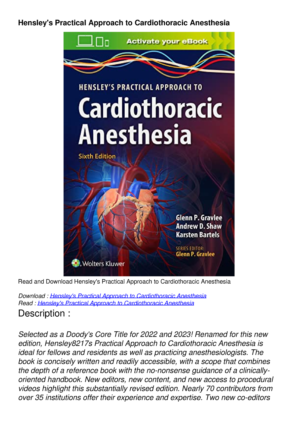 Read Book Hensley's Practical Approach to Cardiothoracic Anesthesia ...