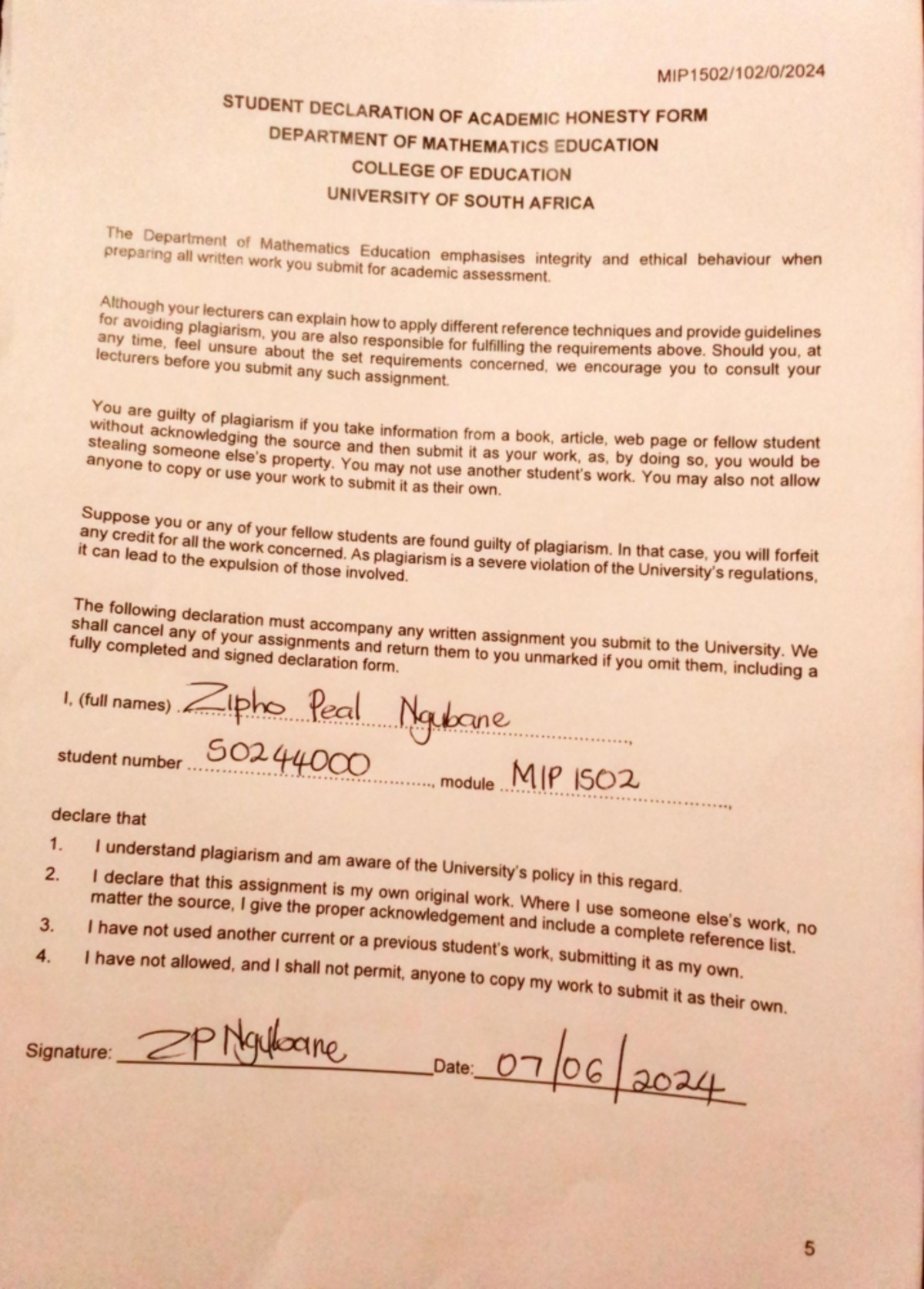 1502 ass no 2 - Natural science and technology - STUDENT DECLARATION OF ...