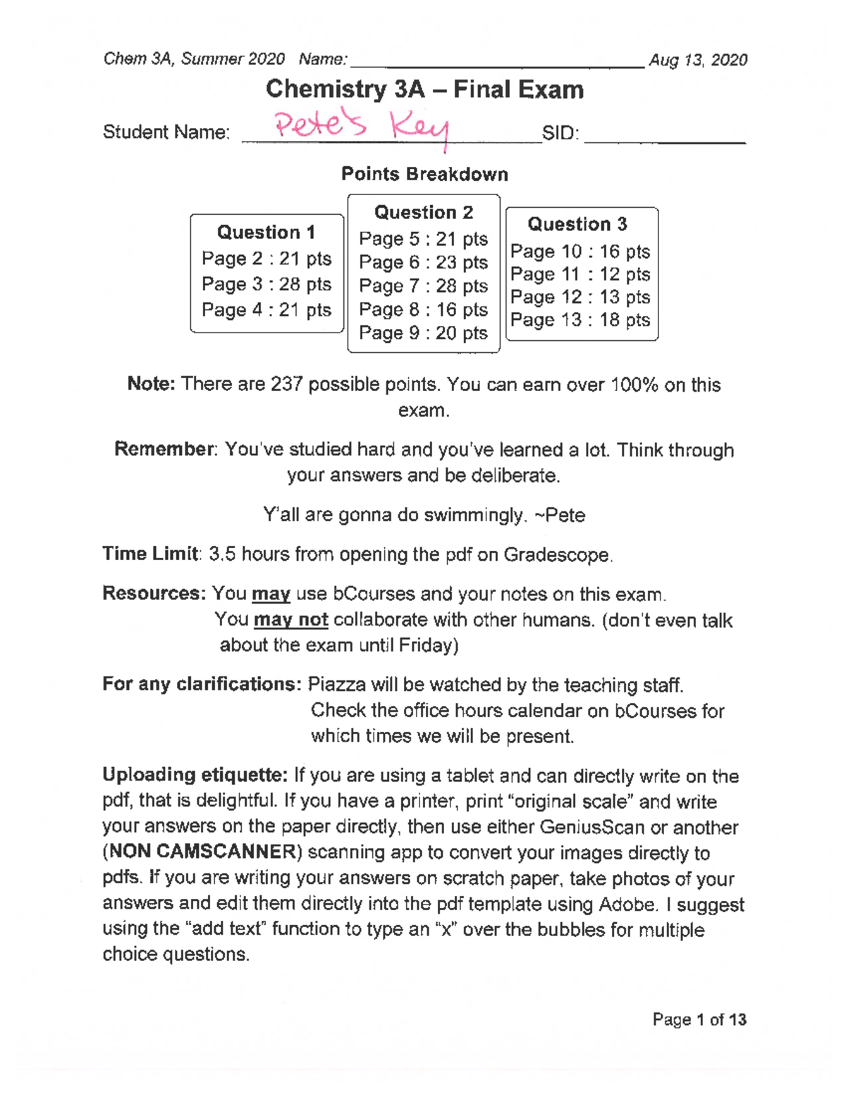 Final Exam (Chem 3A - Summer 2020) - Key - CHEM 3A - Studocu