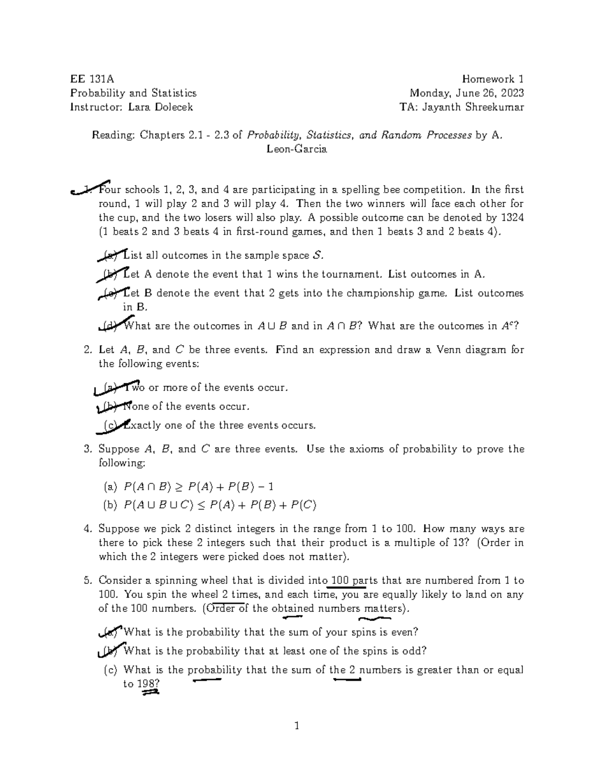 Homework 1- probability - EE 131A Homework 1 Probability and Statistics ...