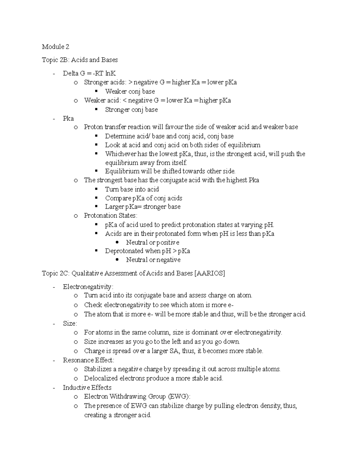 Module 2 Notes - Module 2 Topic 2B: Acids and Bases Delta G = -RT lnK o ...