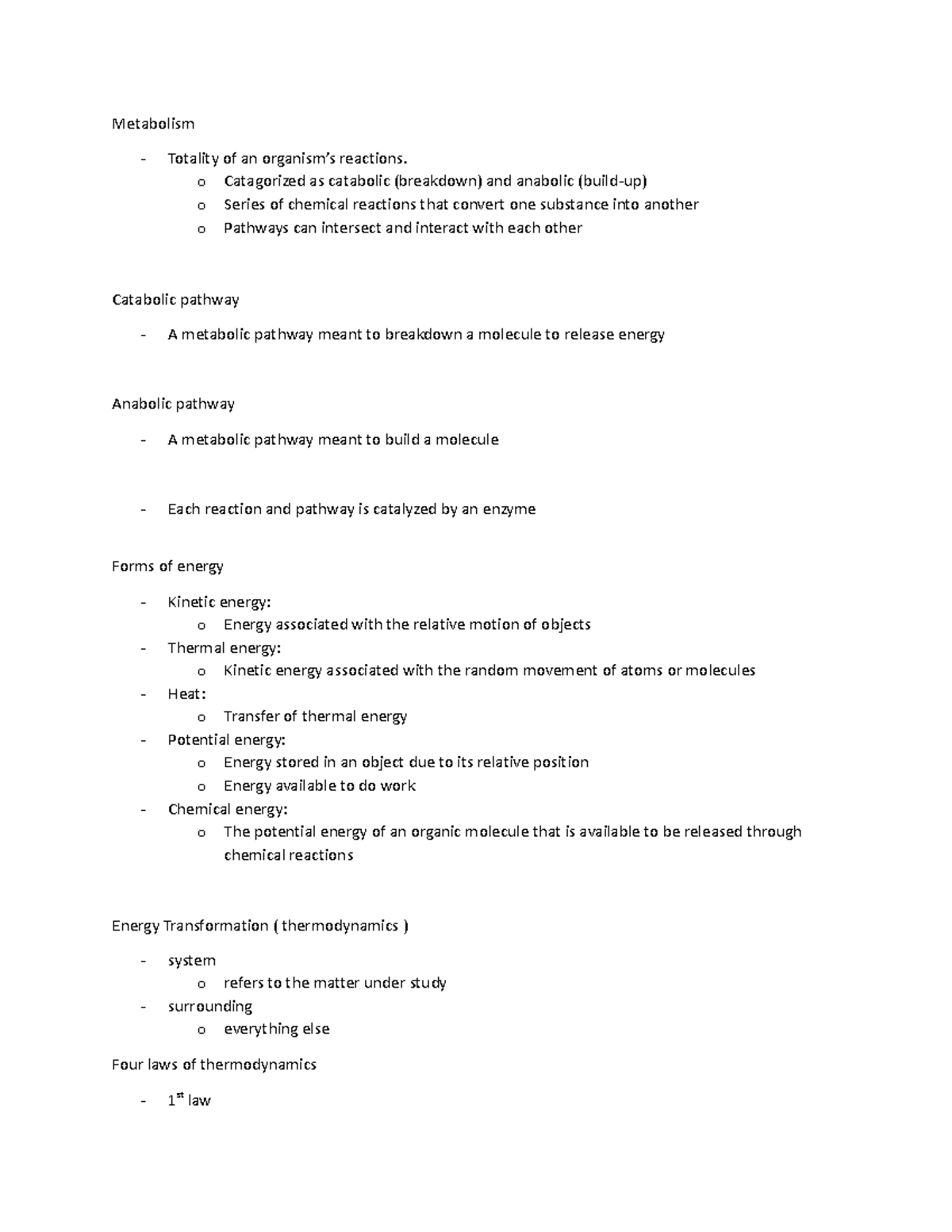 Metabolism - Lecture Notes - Metabolism Totality Of An Organism’s 