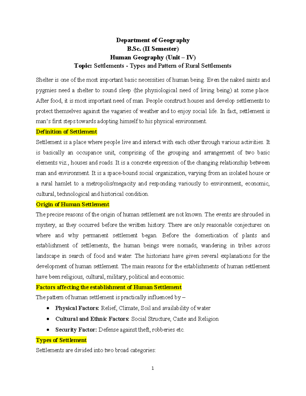 Human geography Department of Geography B. (II Semester) Human