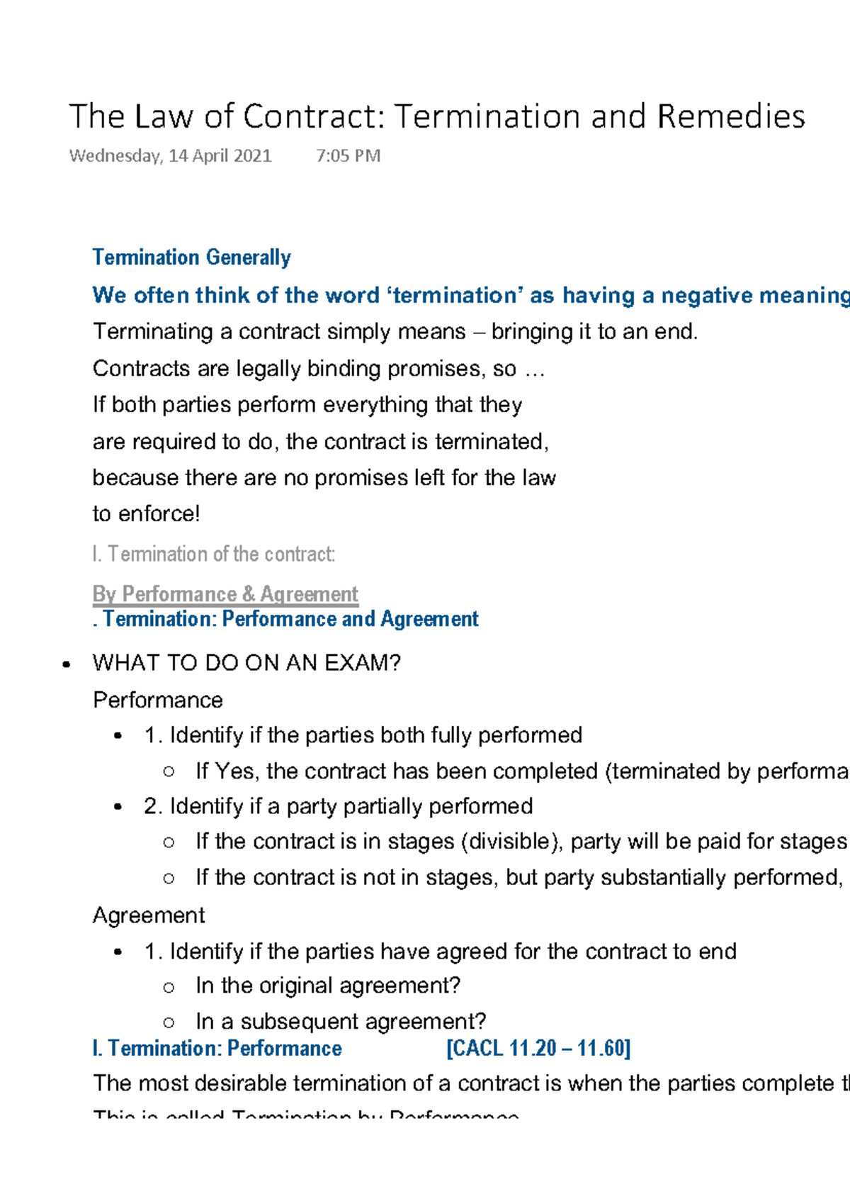 The Law of Contract Termination and Remedies - Termination Generally We ...