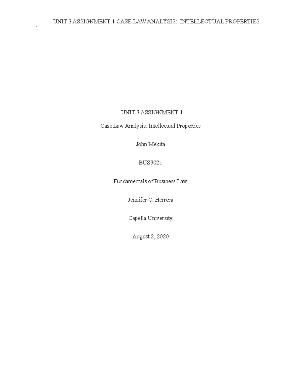 Unit 3 Assignment 1 BUS3021 - 1 UNIT 3 ASSIGNMENT 1 Case Law Analysis ...