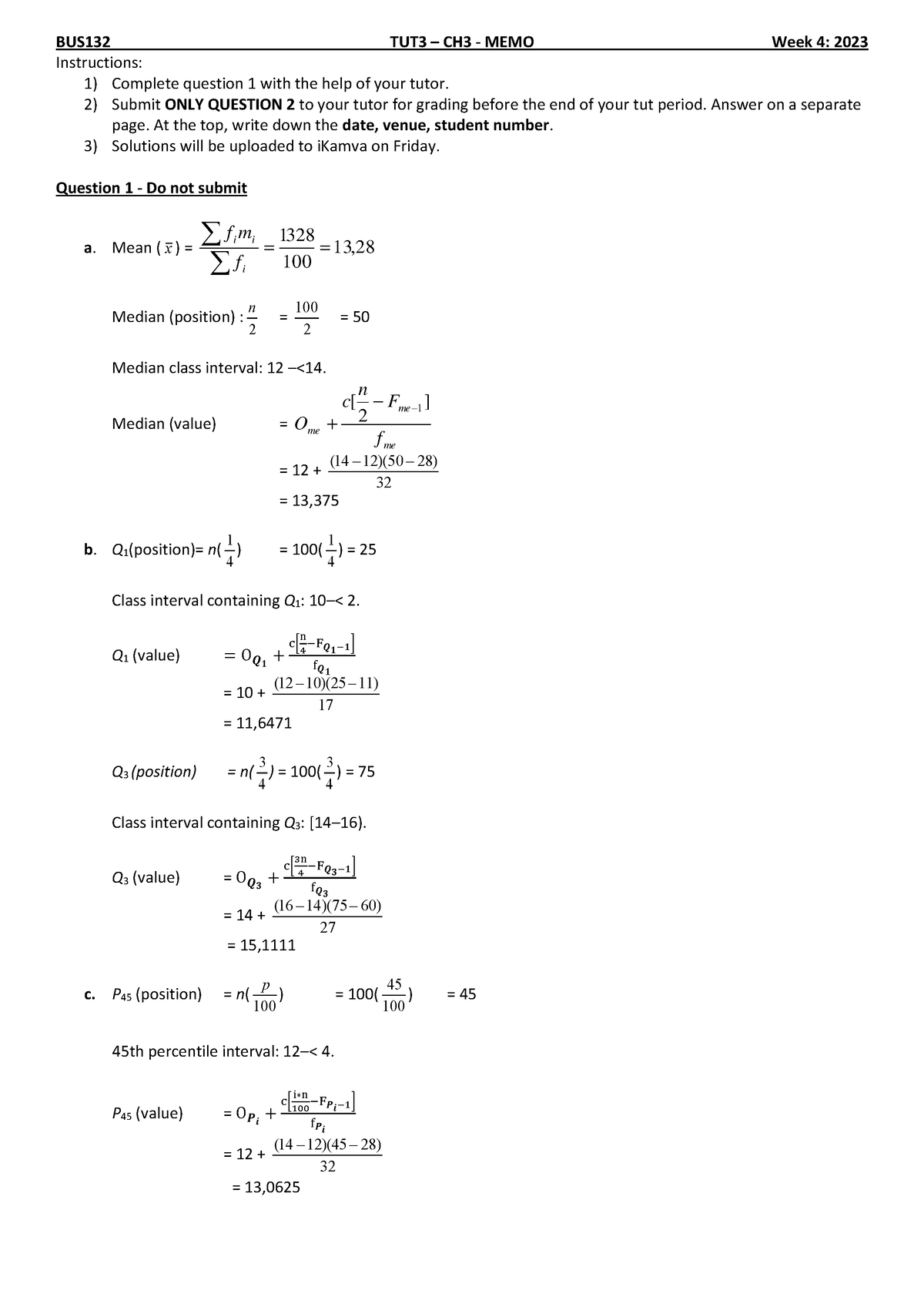 BUS132 Tut3 Ch3 2023 Memo - BUS132 TUT3 – CH3 - MEMO Week 4: 2023 ...