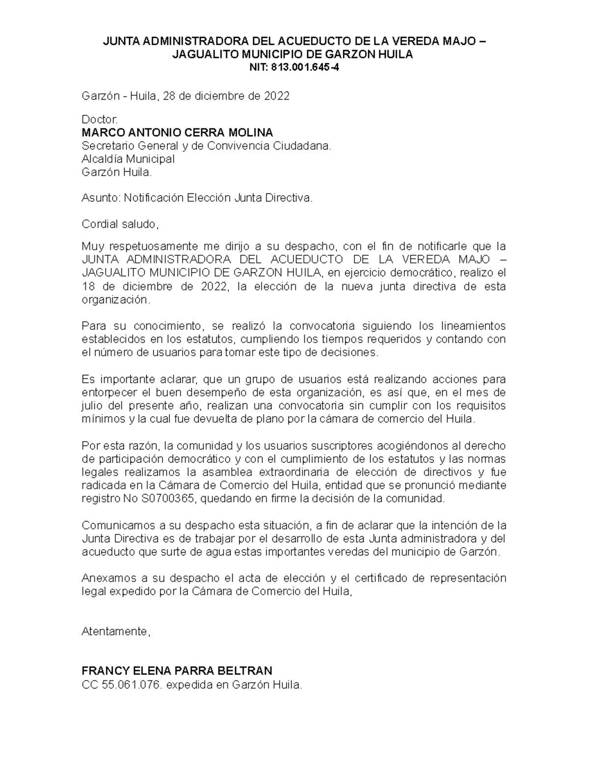 Oficio Acueducto Majo Informe General Junta Administradora Del Acueducto De La Vereda Majo