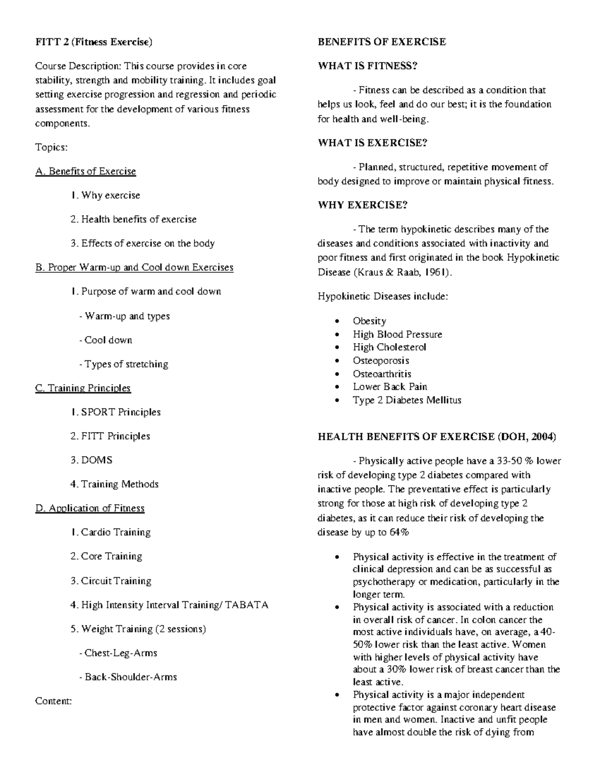 FITT-2 - FITT 2 (Fitness Exercise) Course Description: This course ...