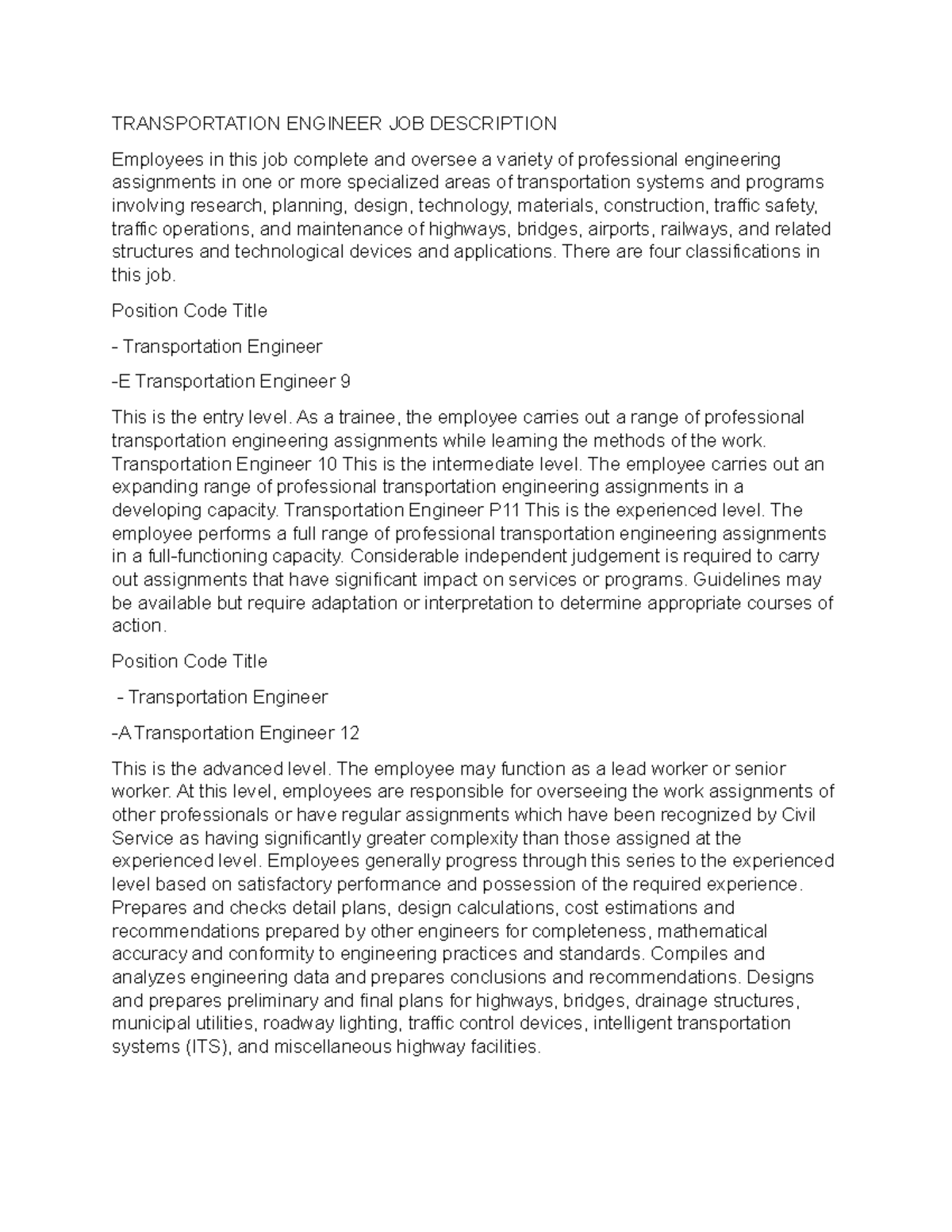 Transportation Engineer JOB Description TRANSPORTATION ENGINEER JOB