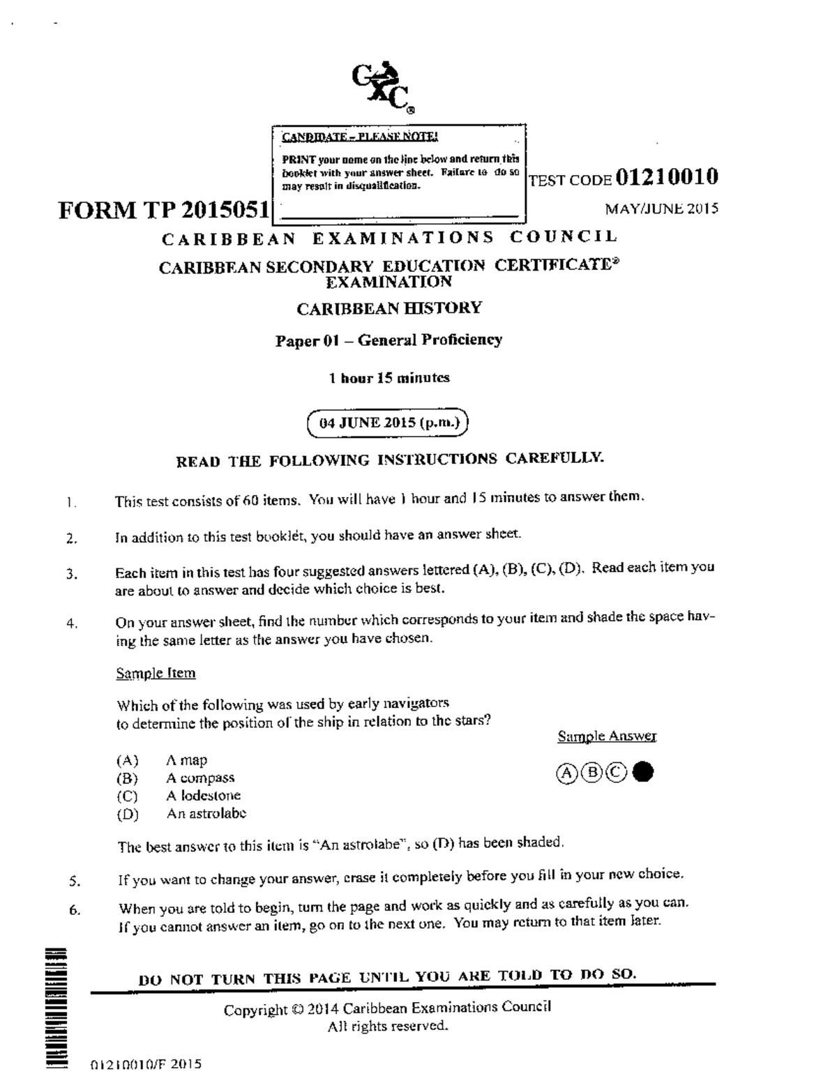 CSEC Caribbean History May June P1 2015 - t. qfu. coDE MAYiJUNE 20I ...