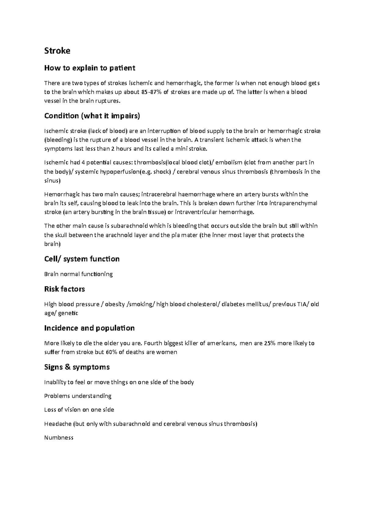 Stroke cheat sheet - Stroke How to explain to patient There are two ...