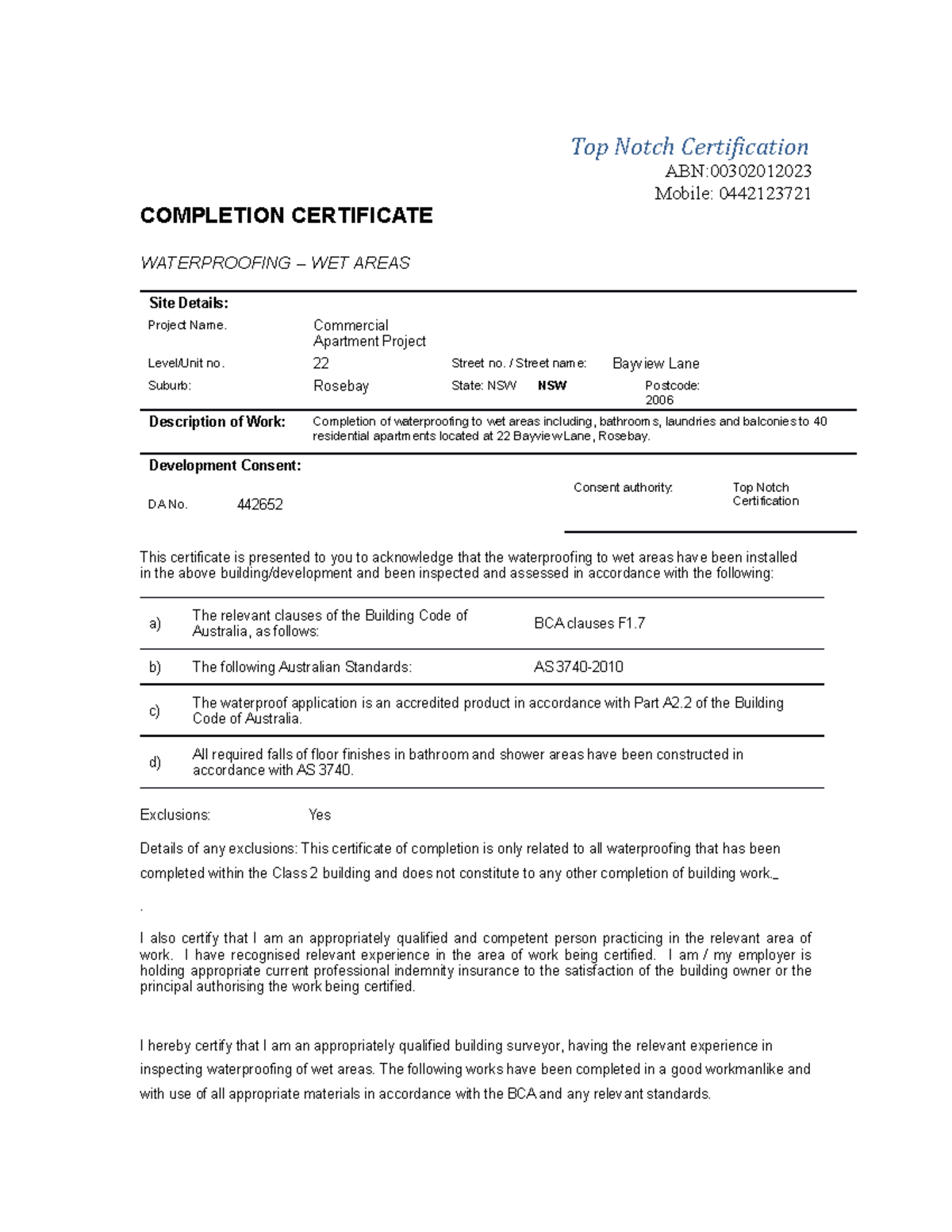 Waterproofing completion certificate - Top Notch Certification ABN ...