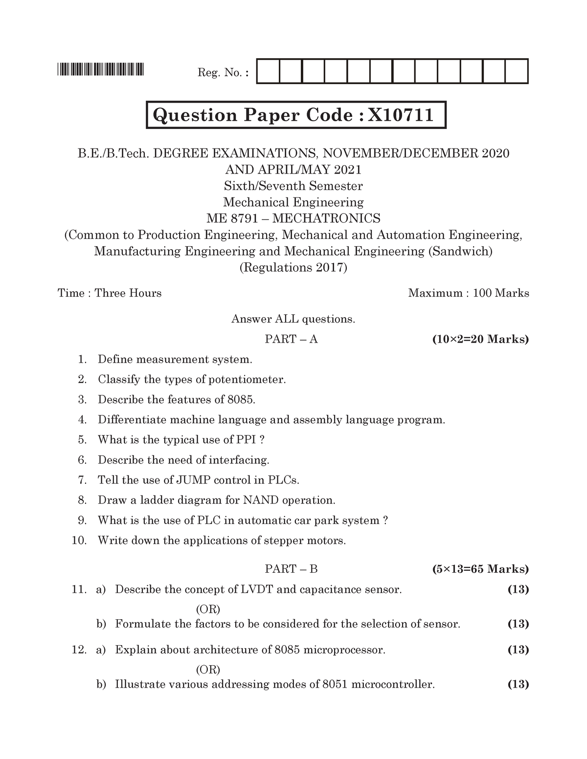 April May QP - 2017 Regulation Question Paper - X10711 Reg. No ...