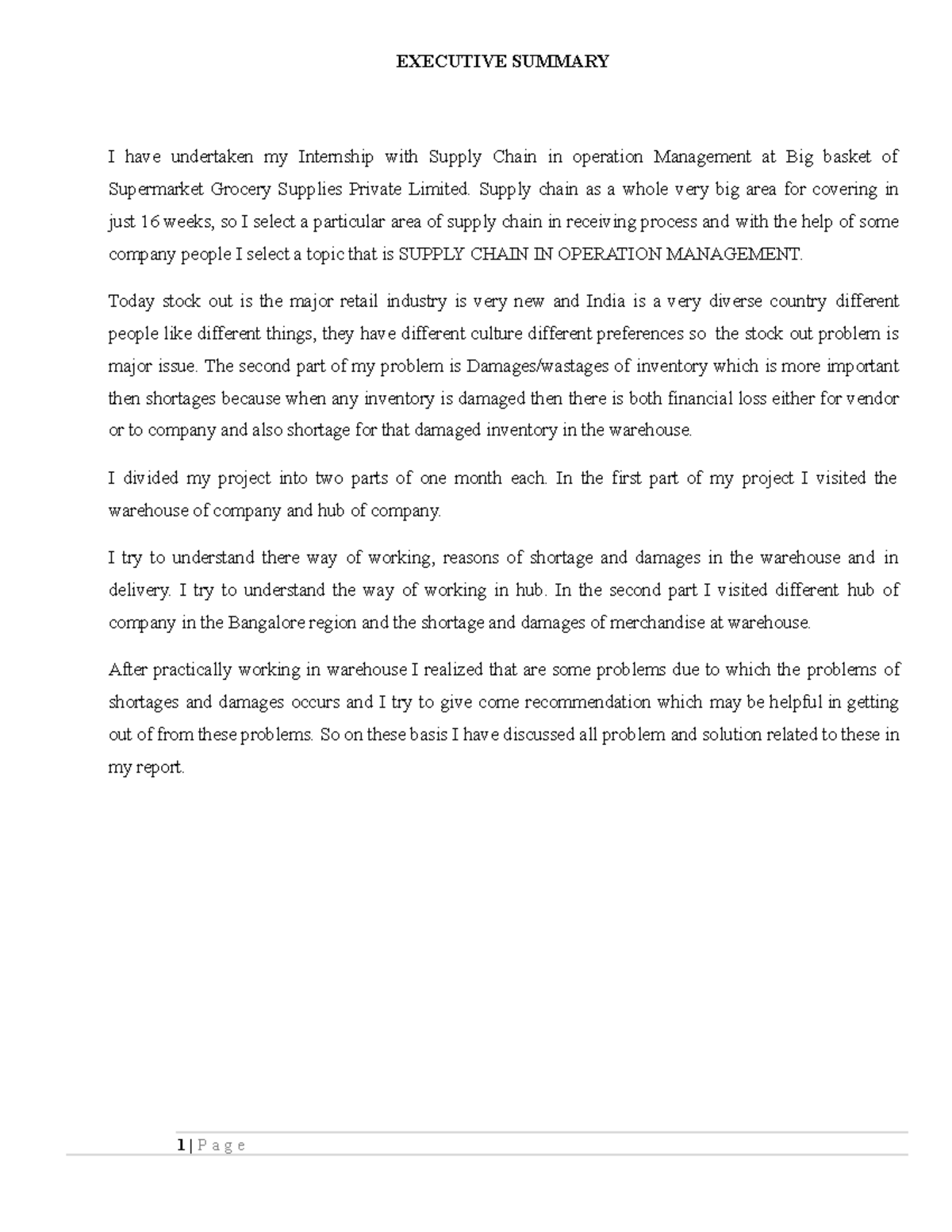 MBA project Bigbasket EXECUTIVE SUMMARY I have undertaken my