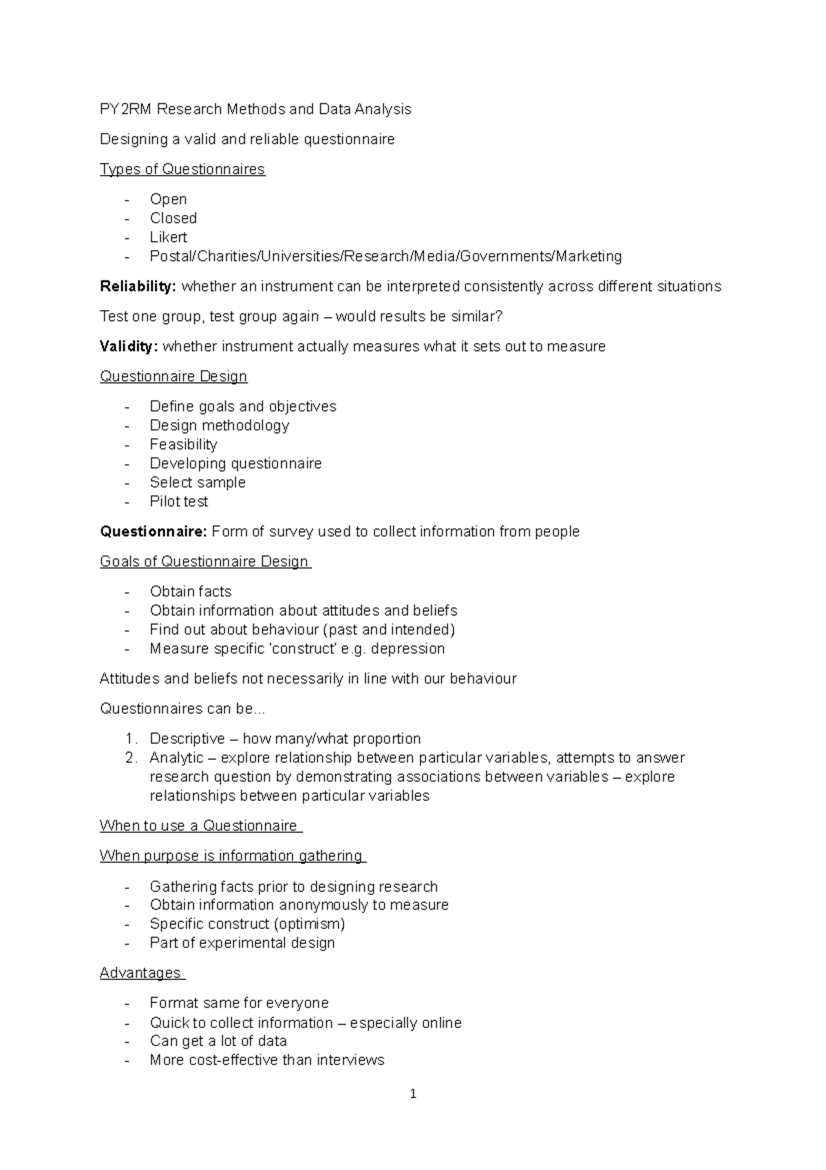 Lecture 3 Designing A Questionnaire PY2RM Research Methods And Data 