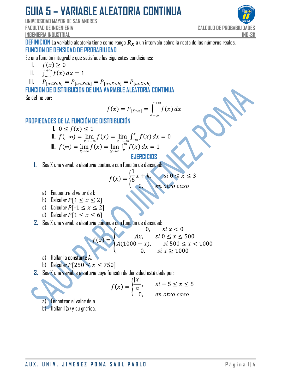 GUIA-5-1 - Tarea - GUIA 5 – VARIABLE ALEATORIA CONTINUA UNIVERSIDAD ...