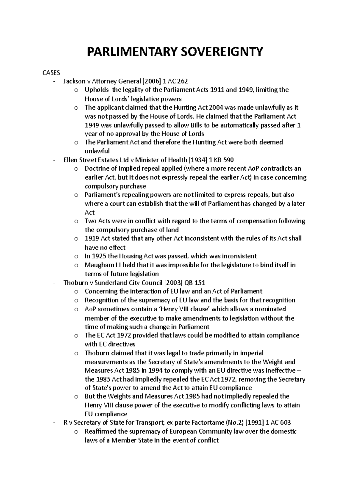 Parlimentary Sovereignty Revision Notes - 08 21214 - Birmingham - Studocu