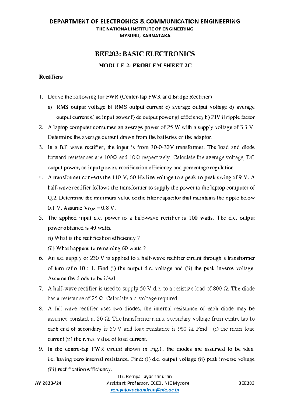 Problemsheet 2C - DEPARTMENT OF ELECTRONICS & COMMUNICATION ENGINEERING ...