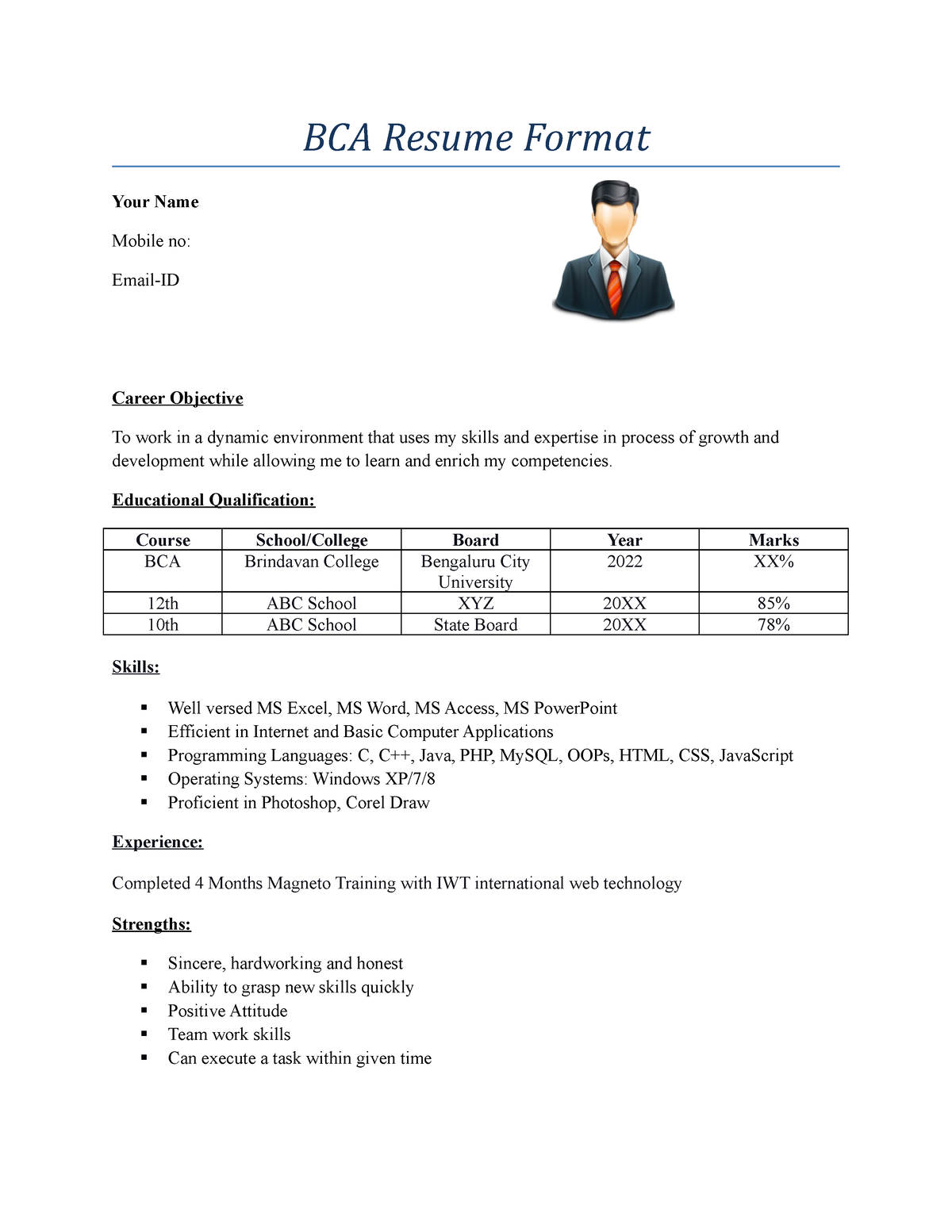 resume format for freshers bca
